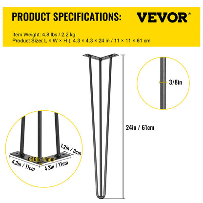 Hairpin Table Legs 24 inch Black Set of 4 Desk Legs Each 220lbs Capacity Hairpin Desk Legs 3 Rods for Bench V952-TZZT4PCS24YC3G001V0