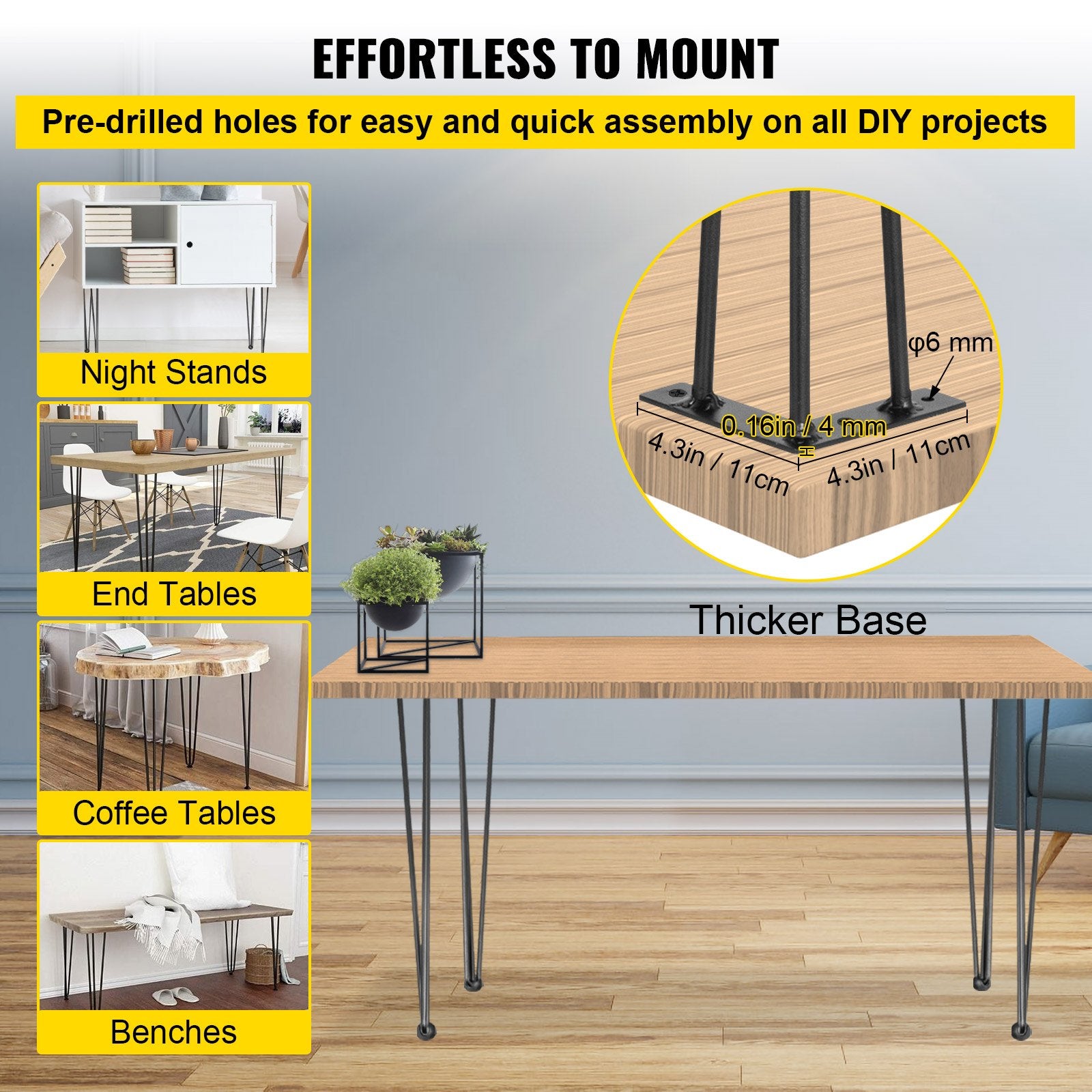 Hairpin Table Legs 28 inch, Set of 4 DIY Desk Table Legs 3 Rods Heavy Duty V952-TZZT4PCS28YC3G001V0