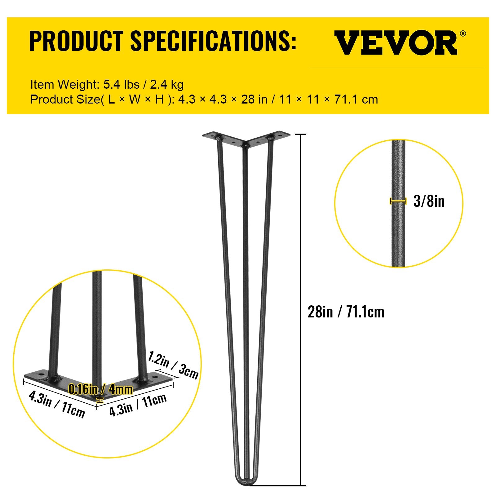 Hairpin Table Legs 28 inch, Set of 4 DIY Desk Table Legs 3 Rods Heavy Duty V952-TZZT4PCS28YC3G001V0
