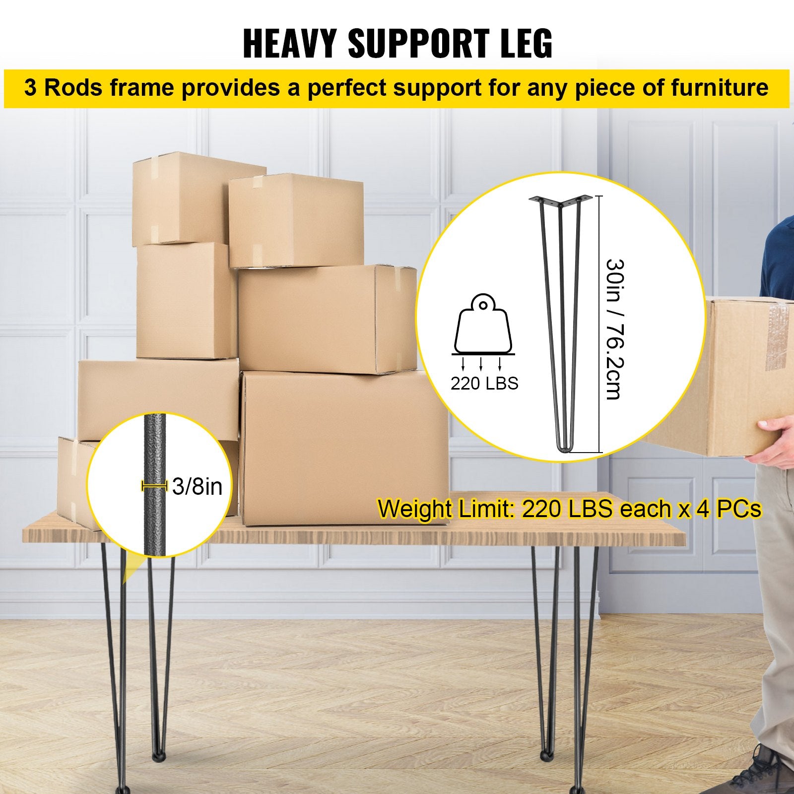 Hairpin Table Legs 30 inch Black Set of 4 Desk Legs Each 220lbs Capacity Hairpin Desk Legs 3 Rods for Bench V952-TZZT4PCS30YC3G001V0