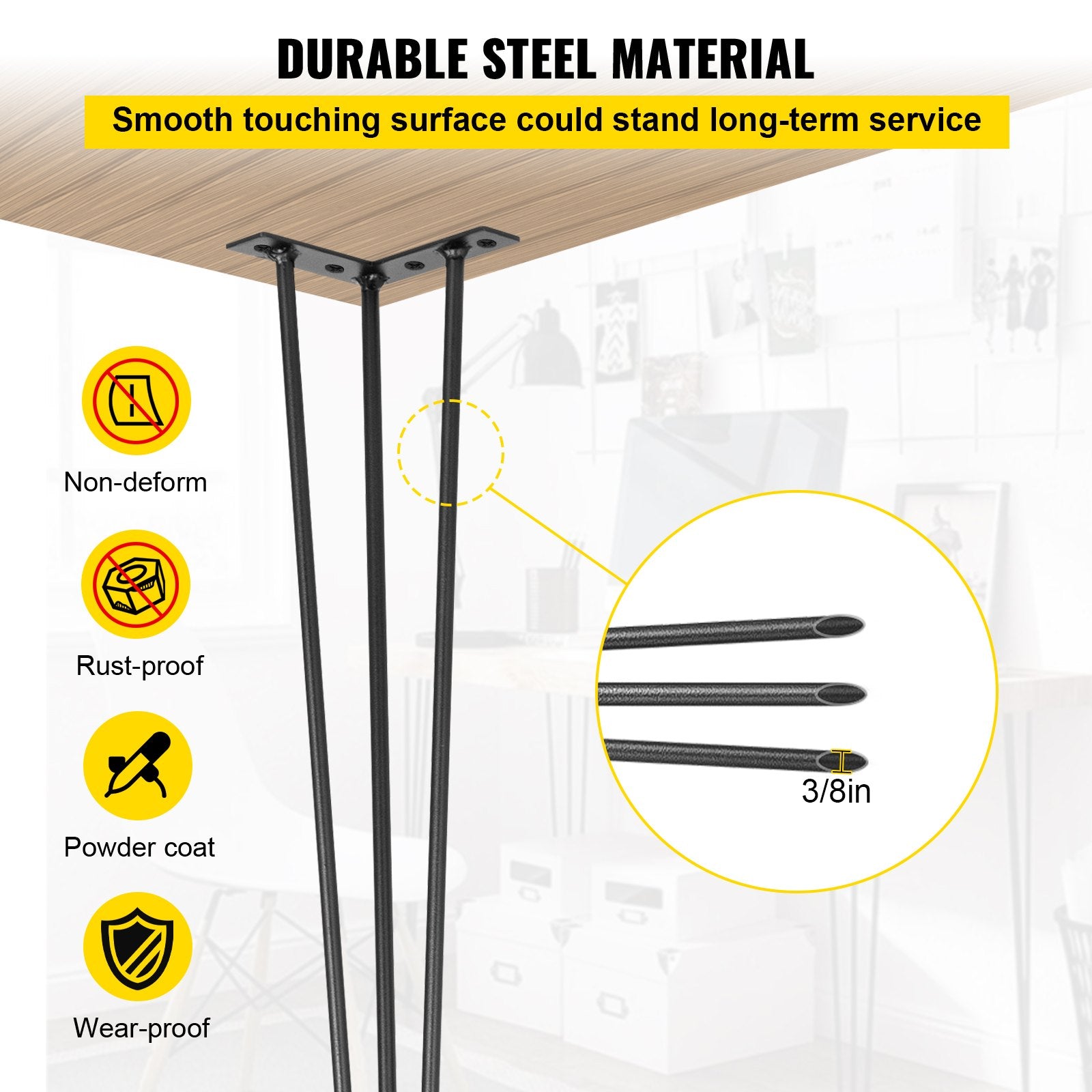 Hairpin Table Legs 30 inch Black Set of 4 Desk Legs Each 220lbs Capacity Hairpin Desk Legs 3 Rods for Bench V952-TZZT4PCS30YC3G001V0