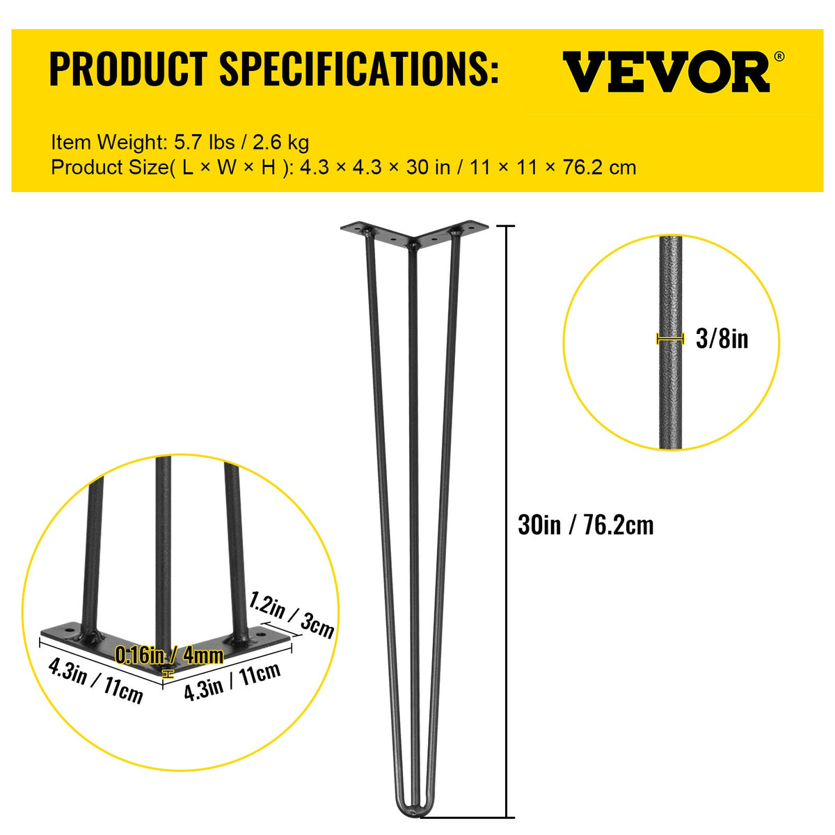 Hairpin Table Legs 30 inch Black Set of 4 Desk Legs Each 220lbs Capacity Hairpin Desk Legs 3 Rods for Bench V952-TZZT4PCS30YC3G001V0
