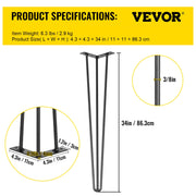 Hairpin Table Legs 34 inch Black Set of 4 Desk Legs Each 220lbs Capacity Hairpin Desk Legs 3 Rods for Bench V952-TZZT4PCS34YC3G001V0