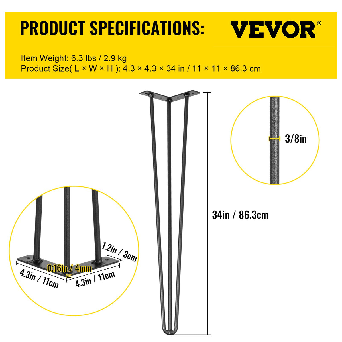 Hairpin Table Legs 34 inch Black Set of 4 Desk Legs Each 220lbs Capacity Hairpin Desk Legs 3 Rods for Bench V952-TZZT4PCS34YC3G001V0