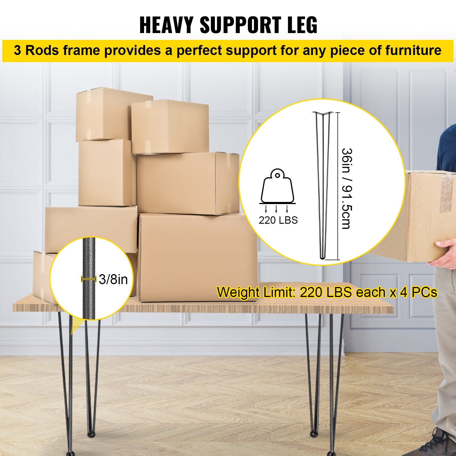 Hairpin Table Legs 36 inch, Set of 4 DIY Desk Table Legs 3 Rods Heavy Duty V952-TZZT4PCS36YC3G001V0