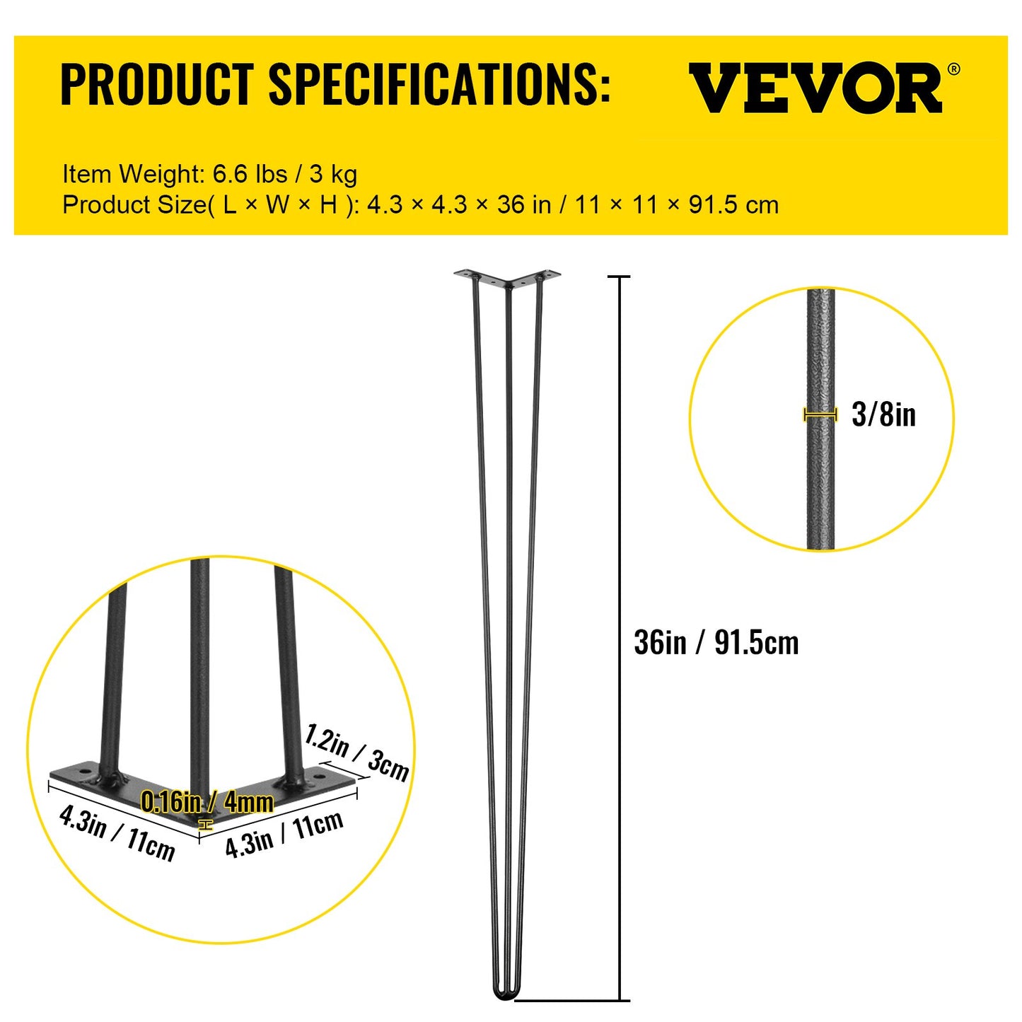 Hairpin Table Legs 36 inch, Set of 4 DIY Desk Table Legs 3 Rods Heavy Duty V952-TZZT4PCS36YC3G001V0
