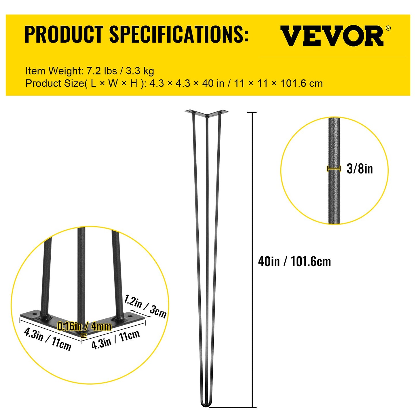 Hairpin Table Legs 40 inch, Set of 4 DIY Desk Table Legs 3 Rods Heavy Duty V952-TZZT4PCS40YC3G001V0