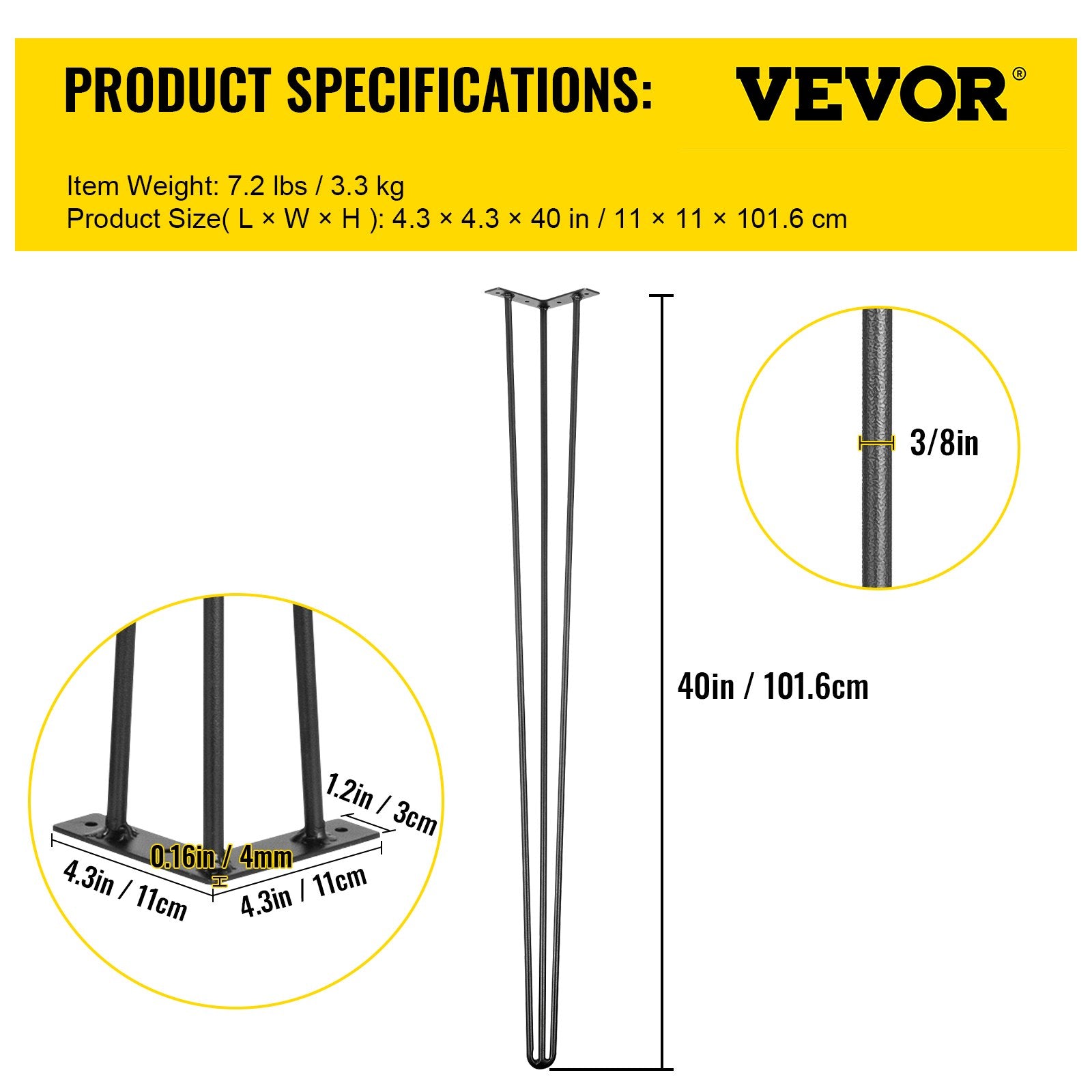Hairpin Table Legs 40 inch, Set of 4 DIY Desk Table Legs 3 Rods Heavy Duty V952-TZZT4PCS40YC3G001V0