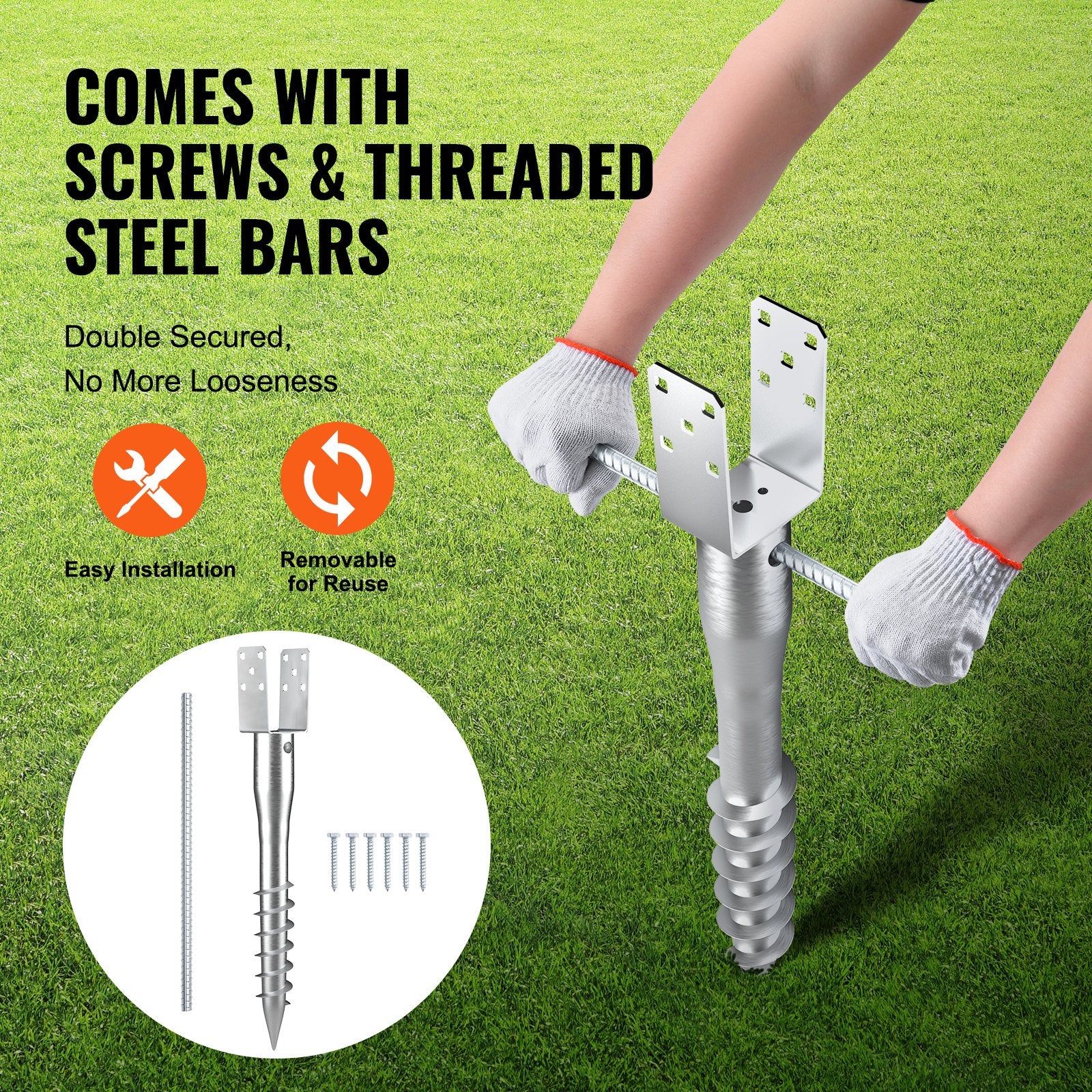 No Dig Ground Anchor, 1 Pack 10 x 7 x 70 cm DIY Screw in Post Stake, Includes 6 Lag Bolts & a Rebar, U-Shape V952-UXDD35YC27YCN3M91V0