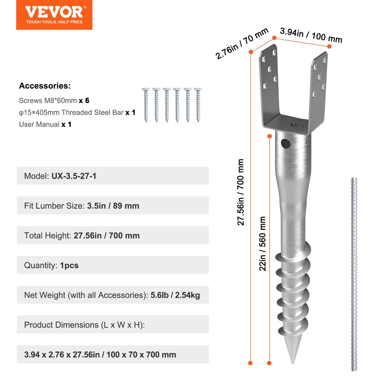 No Dig Ground Anchor, 1 Pack 10 x 7 x 70 cm DIY Screw in Post Stake, Includes 6 Lag Bolts & a Rebar, U-Shape V952-UXDD35YC27YCN3M91V0