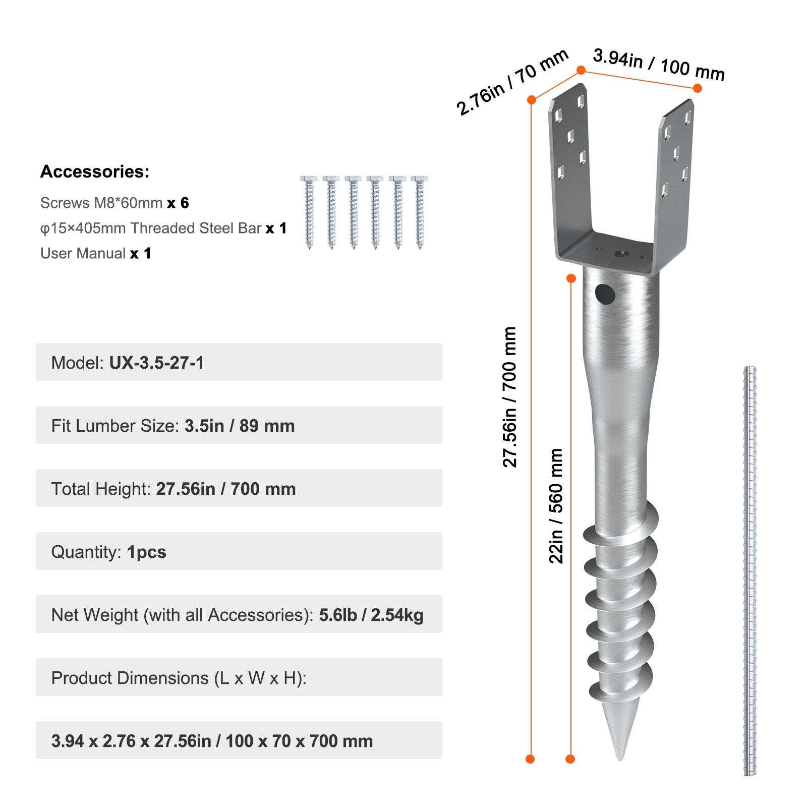 No Dig Ground Anchor, 1 Pack 10 x 7 x 70 cm DIY Screw in Post Stake, Includes 6 Lag Bolts & a Rebar, U-Shape V952-UXDD35YC27YCN3M91V0