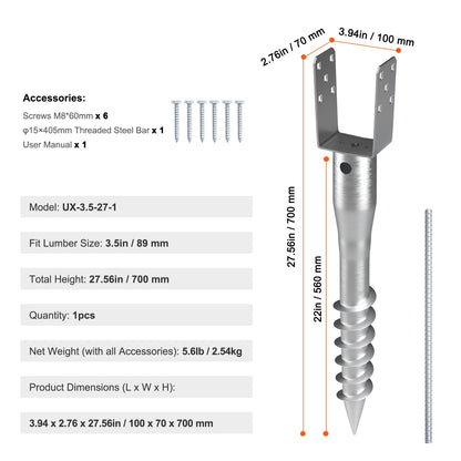 No Dig Ground Anchor, 1 Pack 10 x 7 x 70 cm DIY Screw in Post Stake, Includes 6 Lag Bolts & a Rebar, U-Shape V952-UXDD35YC27YCN3M91V0