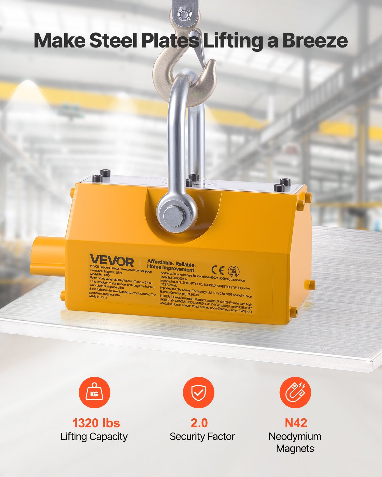 Permanent Magnetic Lifter, 600 kg Pulling Capacity, Heavy Duty N42 Neodymium Lifting Magnet with Release V952-UXYCXP1320LBKV1QU001V0