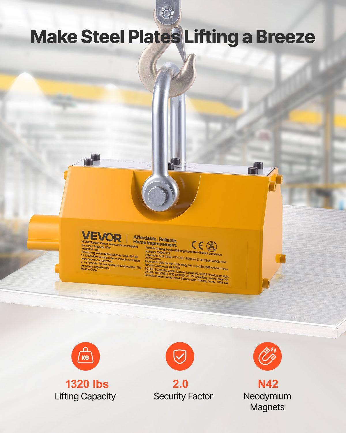 Permanent Magnetic Lifter, 600 kg Pulling Capacity, Heavy Duty N42 Neodymium Lifting Magnet with Release V952-UXYCXP1320LBKV1QU001V0