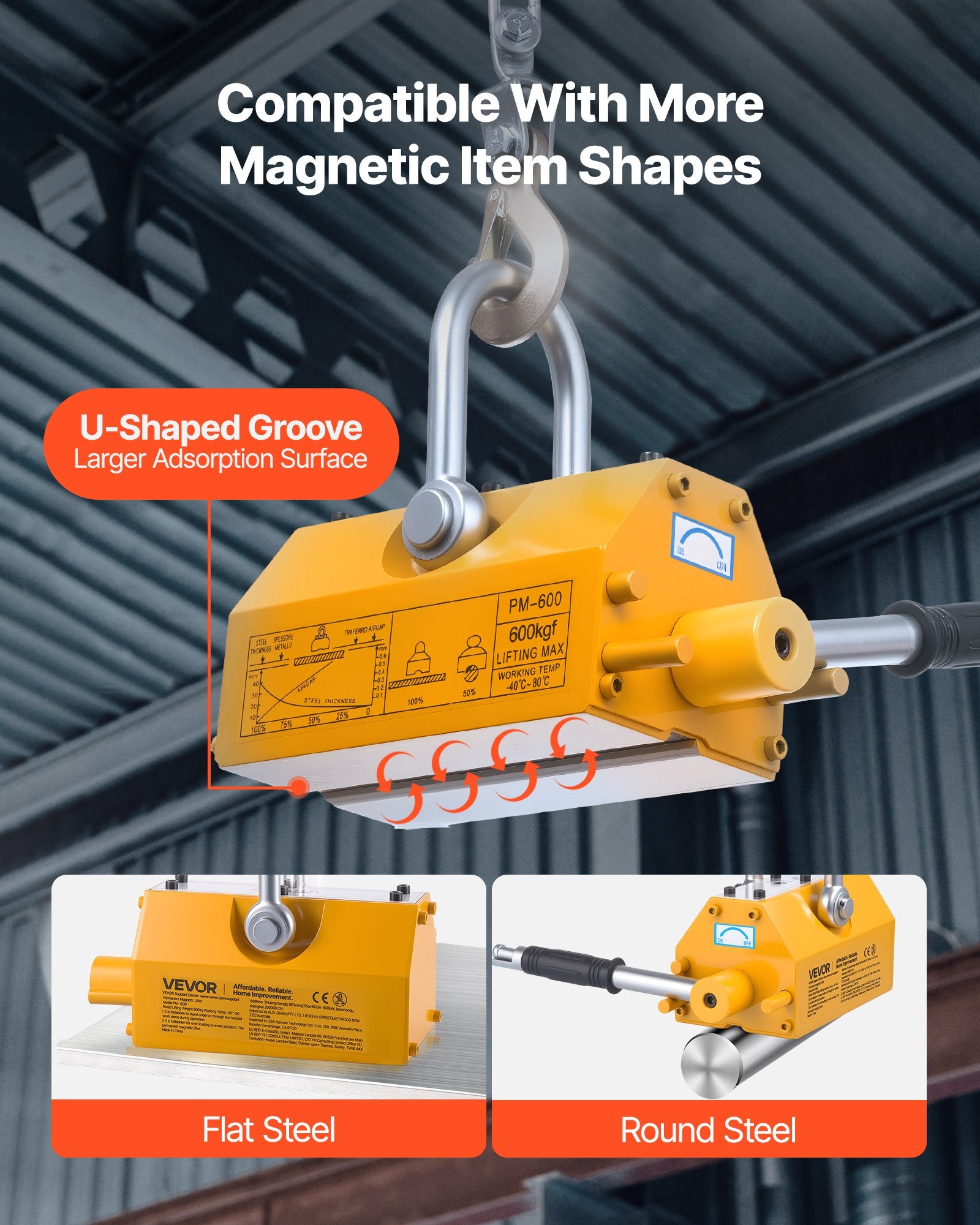 Permanent Magnetic Lifter, 600 kg Pulling Capacity, Heavy Duty N42 Neodymium Lifting Magnet with Release V952-UXYCXP1320LBKV1QU001V0