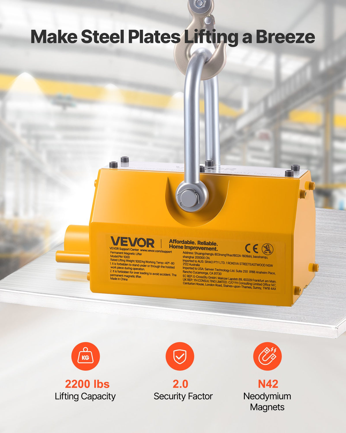Permanent Magnetic Lifter, 1000 kg Pulling Capacity, Heavy Duty N42 Neodymium Lifting Magnet with Release V952-UXYCXP2200LBZMF3L001V0
