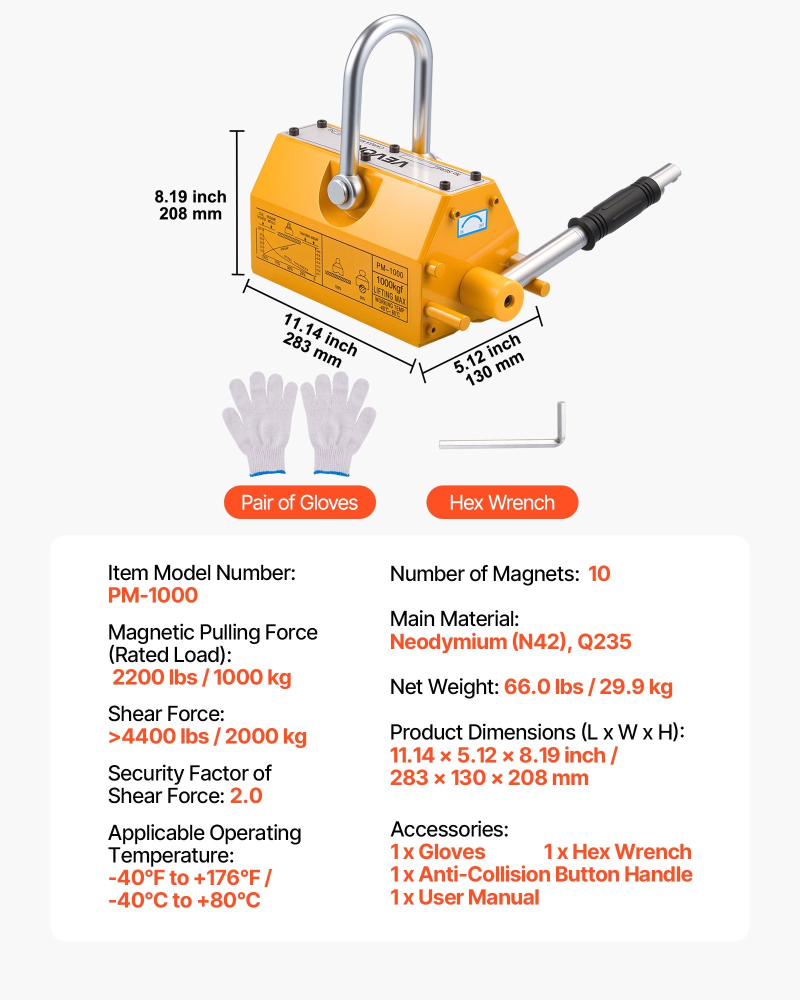 Permanent Magnetic Lifter, 1000 kg Pulling Capacity, Heavy Duty N42 Neodymium Lifting Magnet with Release V952-UXYCXP2200LBZMF3L001V0