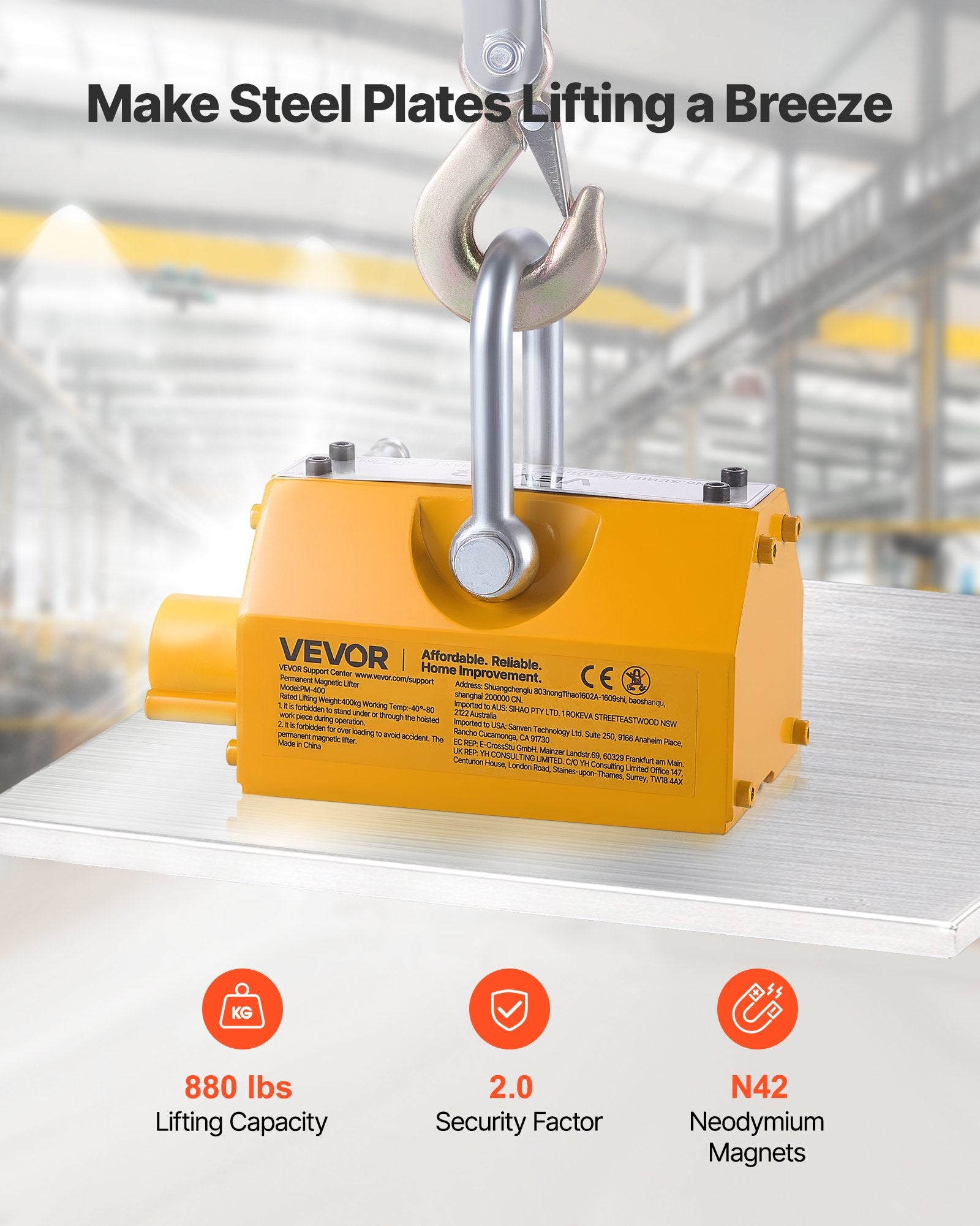 Permanent Magnetic Lifter, 400 kg Pulling Capacity, Heavy Duty N42 Neodymium Lifting Magnet with Release V952-UXYCXP880LBS7321O001V0