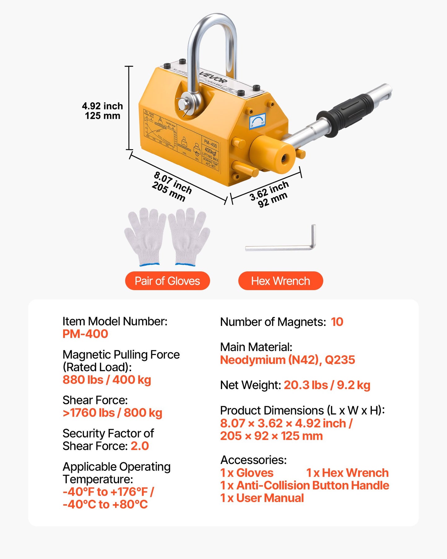 Permanent Magnetic Lifter, 400 kg Pulling Capacity, Heavy Duty N42 Neodymium Lifting Magnet with Release V952-UXYCXP880LBS7321O001V0
