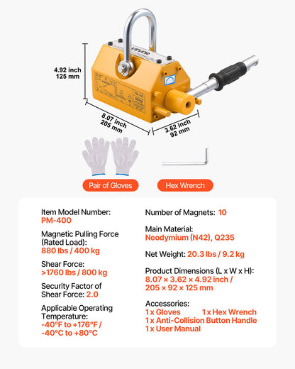 Permanent Magnetic Lifter, 400 kg Pulling Capacity, Heavy Duty N42 Neodymium Lifting Magnet with Release V952-UXYCXP880LBS7321O001V0