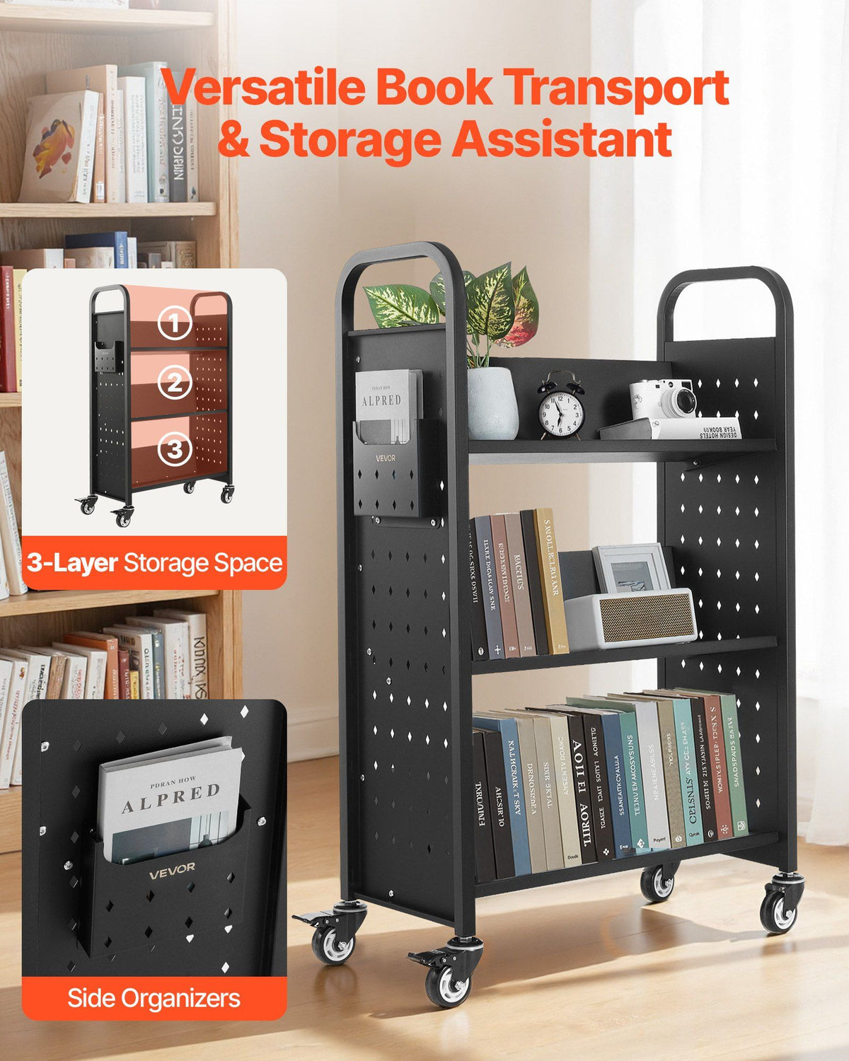 Rolling Library Book Cart, 150 kg Capacity, 77 x 38 x 122 cm Library Cart, Single Sided V-Shaped Shelves with V952-VXTSGTCHS3307B7MH001V0
