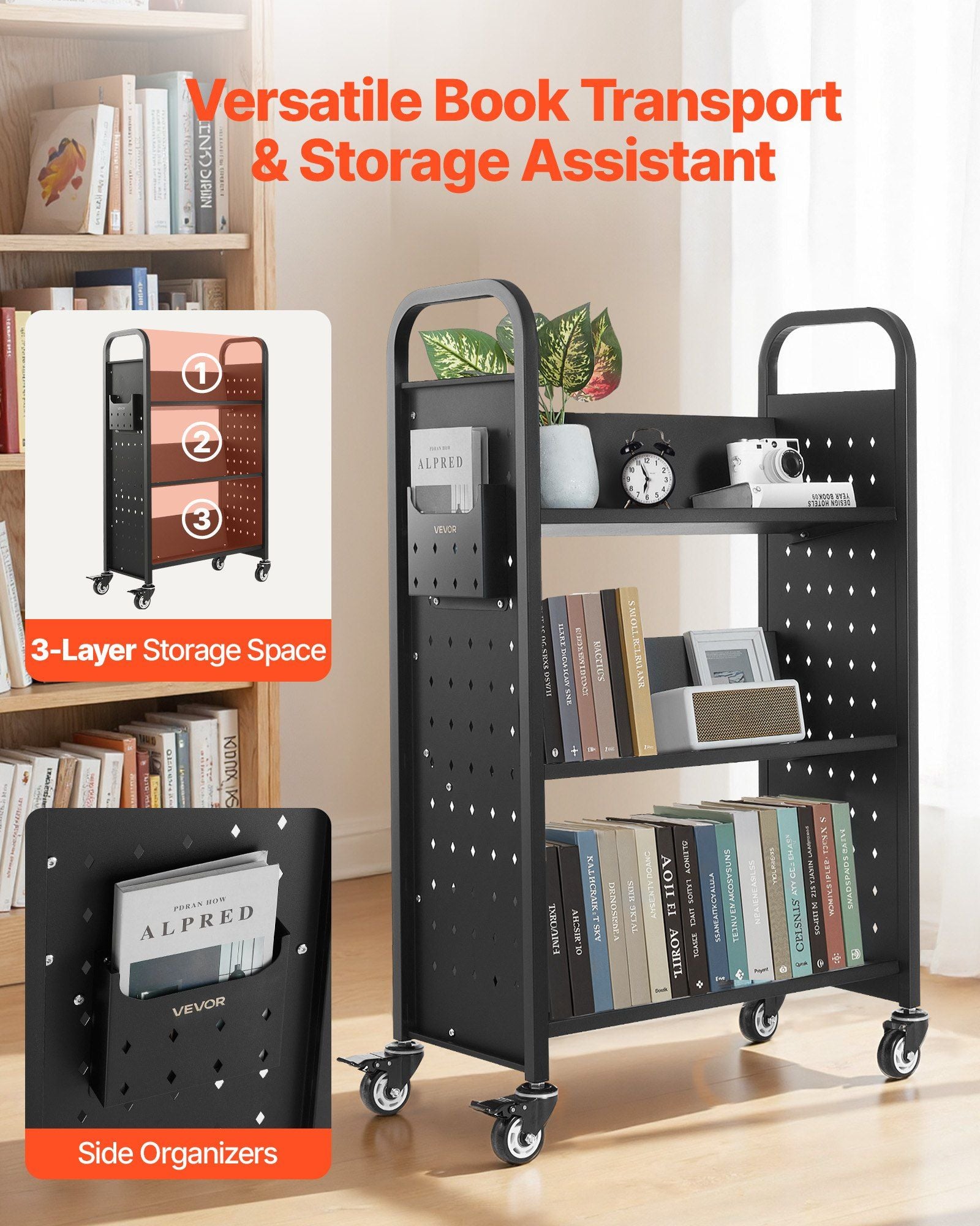 Rolling Library Book Cart, 150 kg Capacity, 77 x 38 x 122 cm Library Cart, Single Sided V-Shaped Shelves with V952-VXTSGTCHS3307B7MH001V0