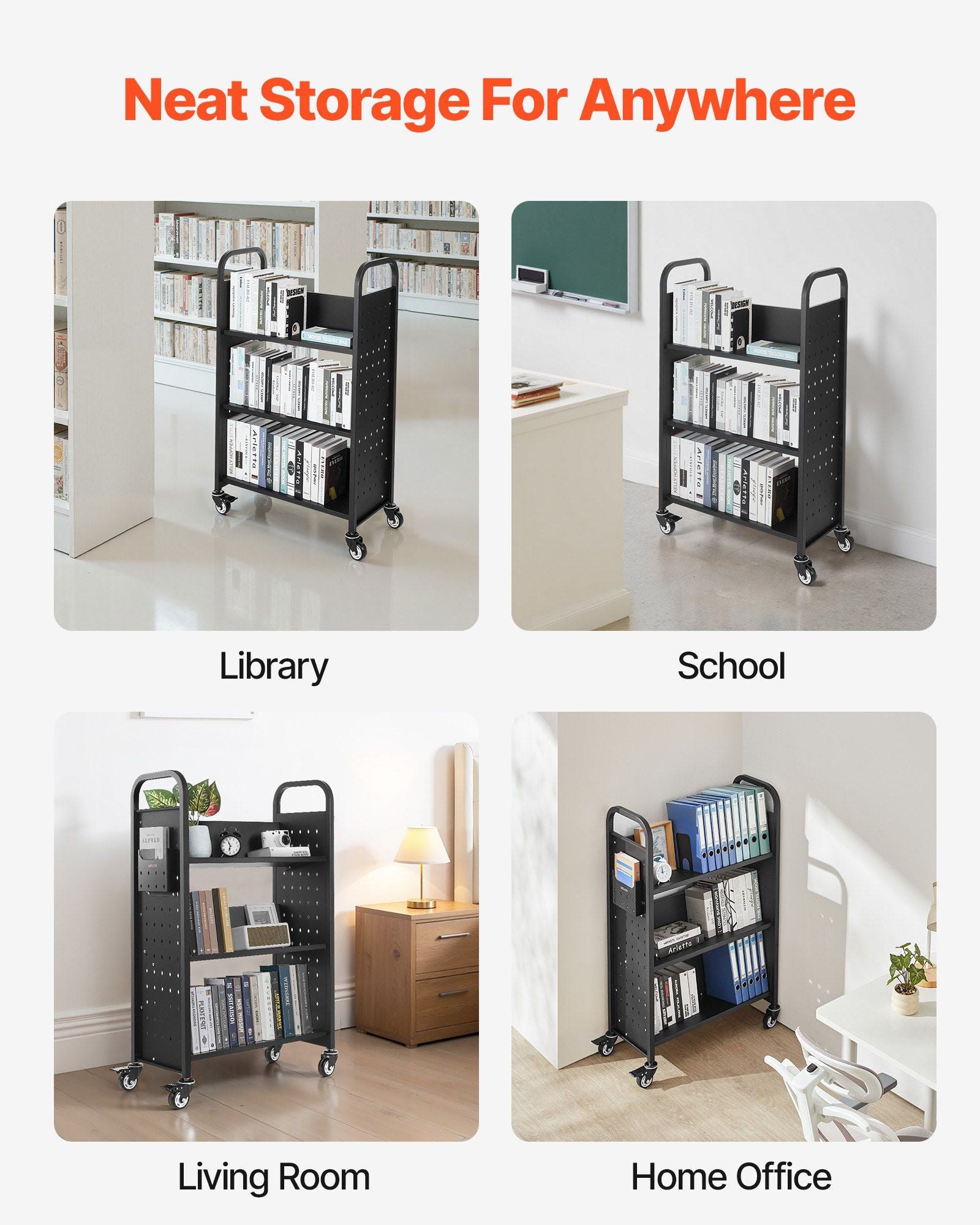 Rolling Library Book Cart, 150 kg Capacity, 77 x 38 x 122 cm Library Cart, Single Sided V-Shaped Shelves with V952-VXTSGTCHS3307B7MH001V0