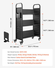 Rolling Library Book Cart, 150 kg Capacity, 77 x 38 x 122 cm Library Cart, Single Sided V-Shaped Shelves with V952-VXTSGTCHS3307B7MH001V0