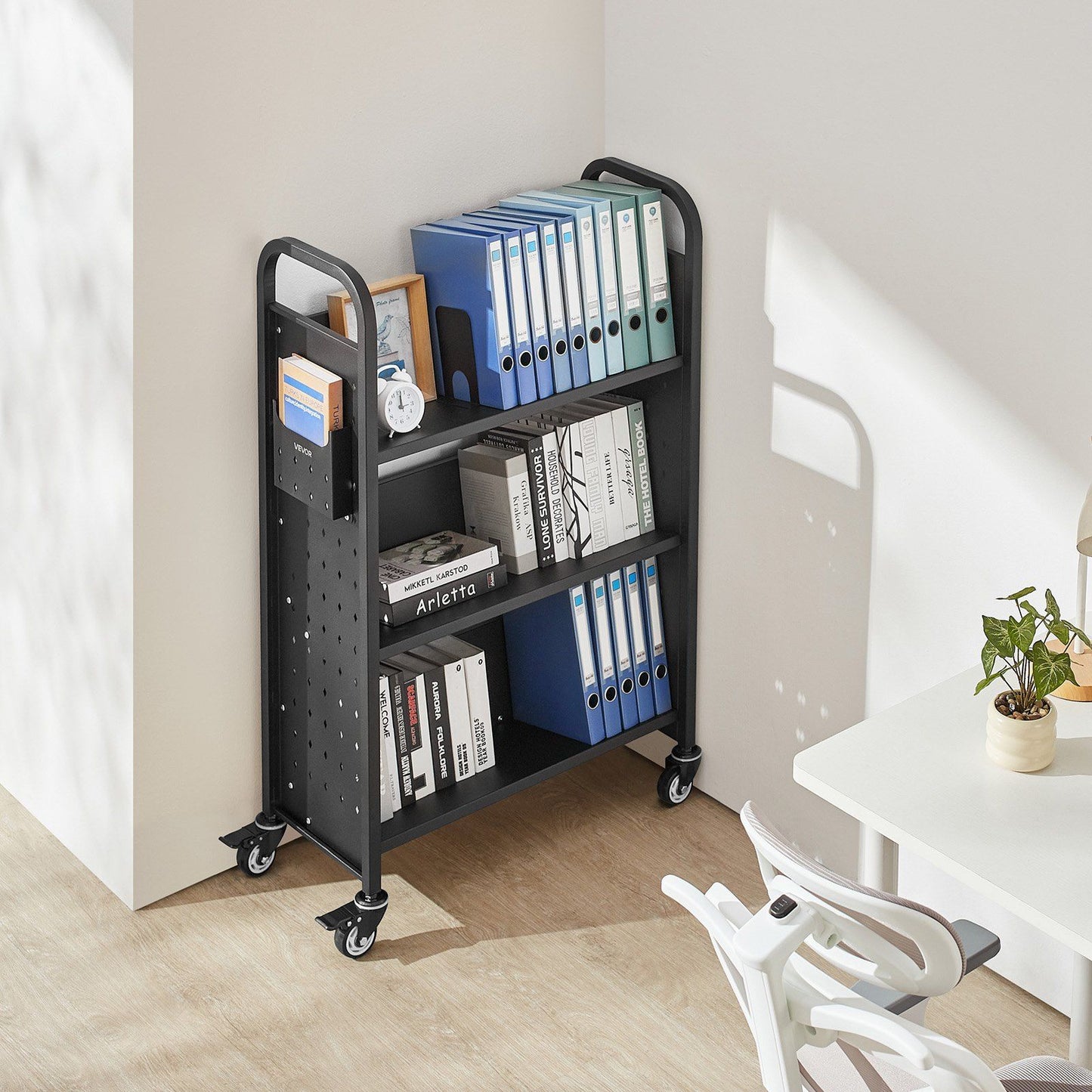 Rolling Library Book Cart, 150 kg Capacity, 77 x 38 x 122 cm Library Cart, Single Sided V-Shaped Shelves with V952-VXTSGTCHS3307B7MH001V0