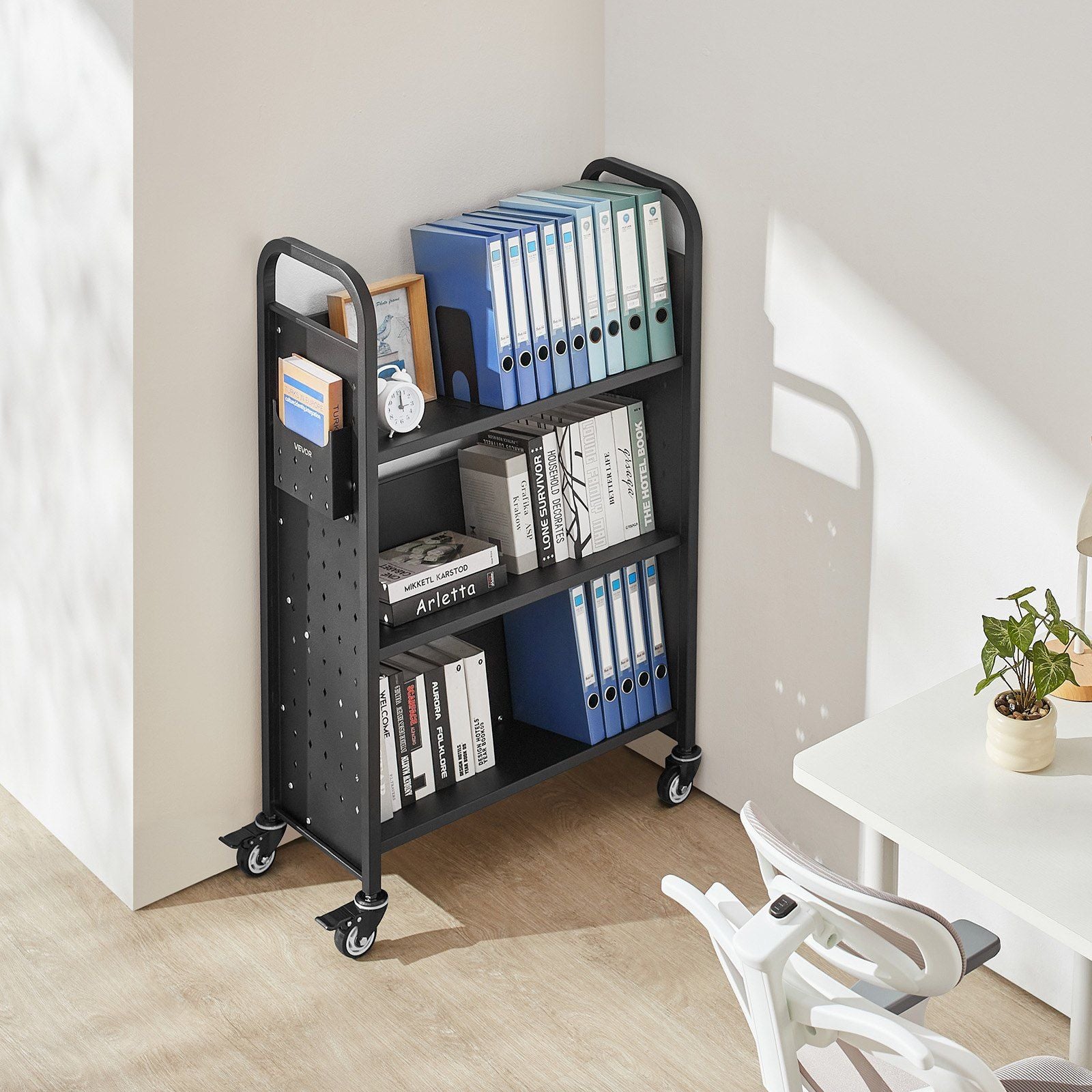 Rolling Library Book Cart, 150 kg Capacity, 77 x 38 x 122 cm Library Cart, Single Sided V-Shaped Shelves with V952-VXTSGTCHS3307B7MH001V0