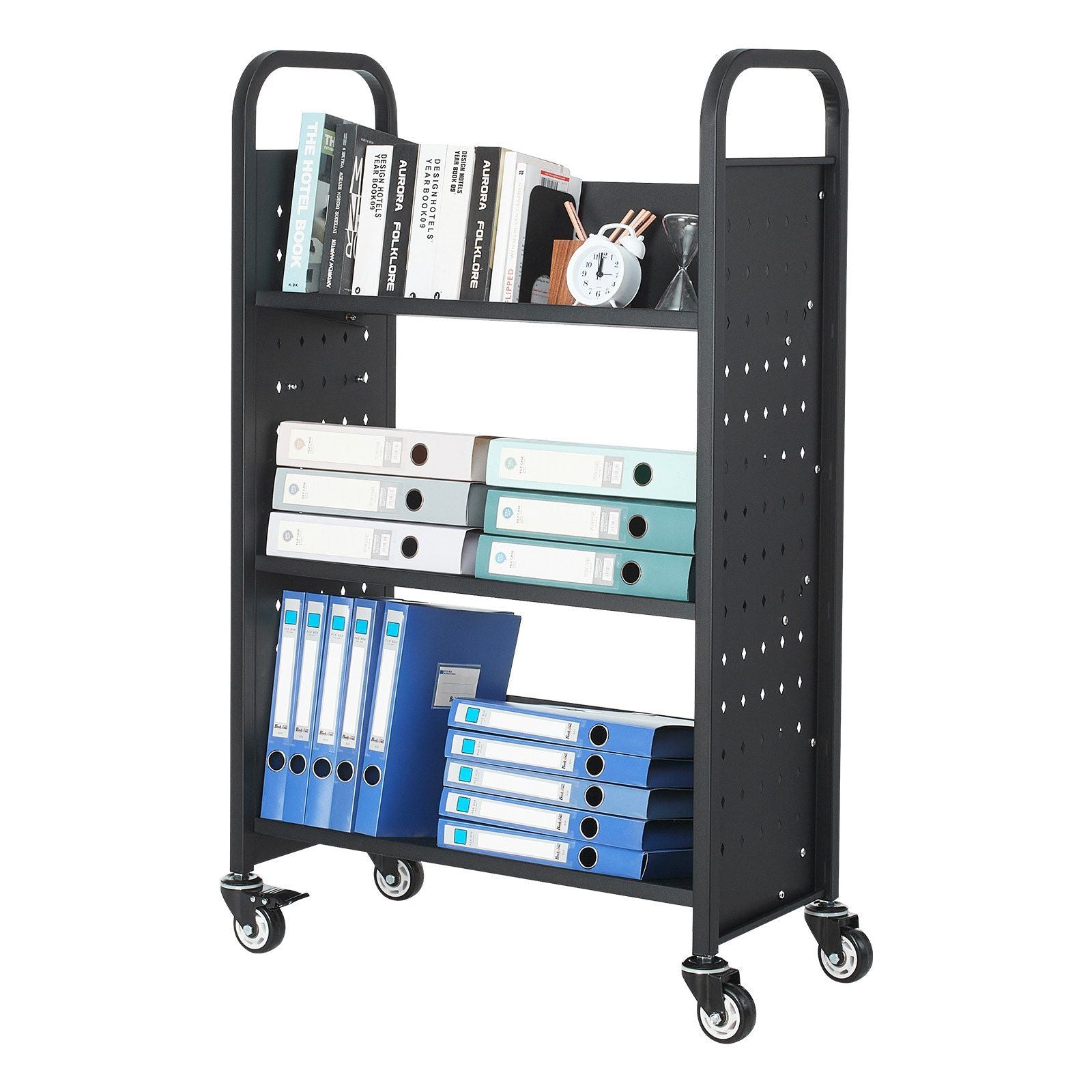 Rolling Library Book Cart, 150 kg Capacity, 77 x 38 x 122 cm Library Cart, Single Sided V-Shaped Shelves with V952-VXTSGTCHS3307B7MH001V0