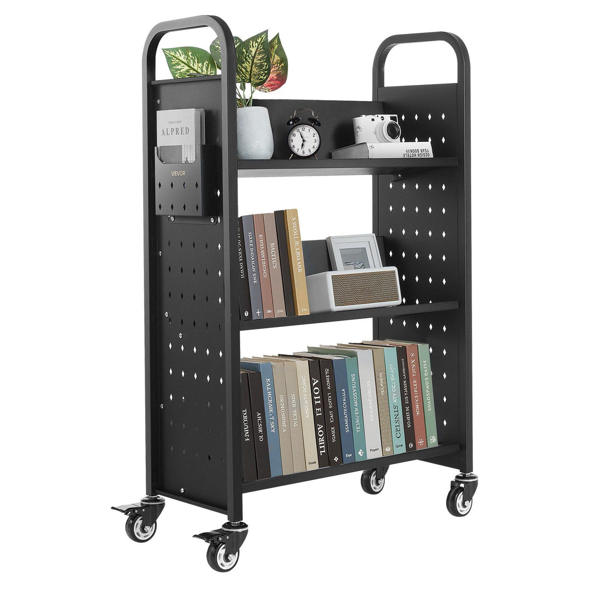 Rolling Library Book Cart, 150 kg Capacity, 77 x 38 x 122 cm Library Cart, Single Sided V-Shaped Shelves with V952-VXTSGTCHS3307B7MH001V0