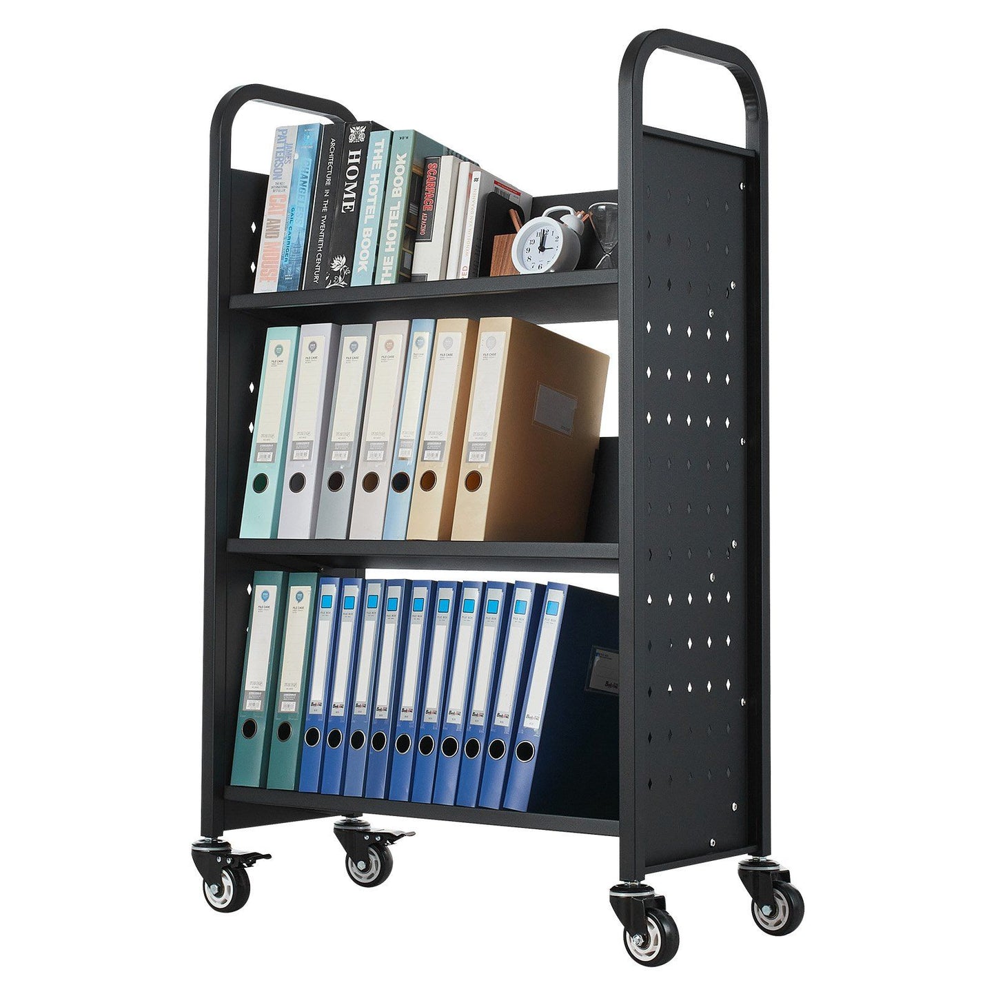 Rolling Library Book Cart, 150 kg Capacity, 77 x 38 x 122 cm Library Cart, Single Sided V-Shaped Shelves with V952-VXTSGTCHS3307B7MH001V0
