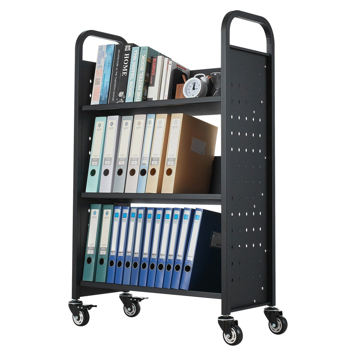 Rolling Library Book Cart, 150 kg Capacity, 77 x 38 x 122 cm Library Cart, Single Sided V-Shaped Shelves with V952-VXTSGTCHS3307B7MH001V0