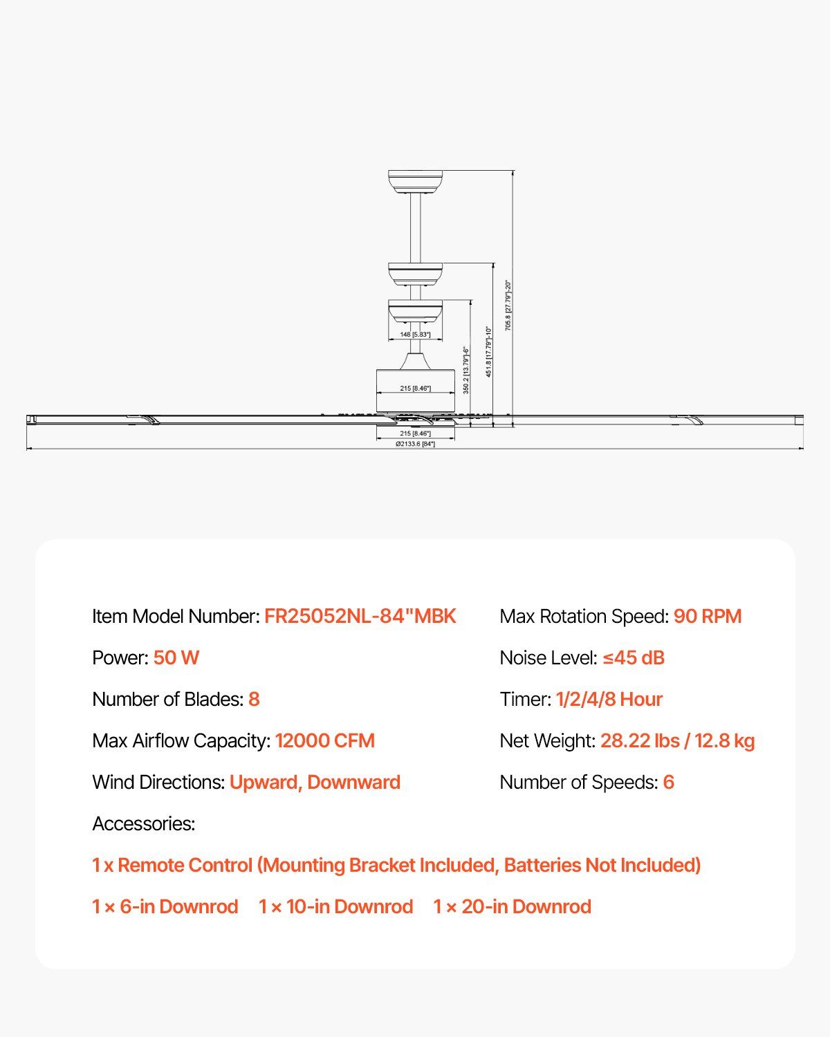 213 cm Ceiling Fan No Light, 6-Speed Remote Control, Aluminum 8-Blade, Reversible DC Motor, Modern Low V952-WDDS84INCHLY0NT43V7
