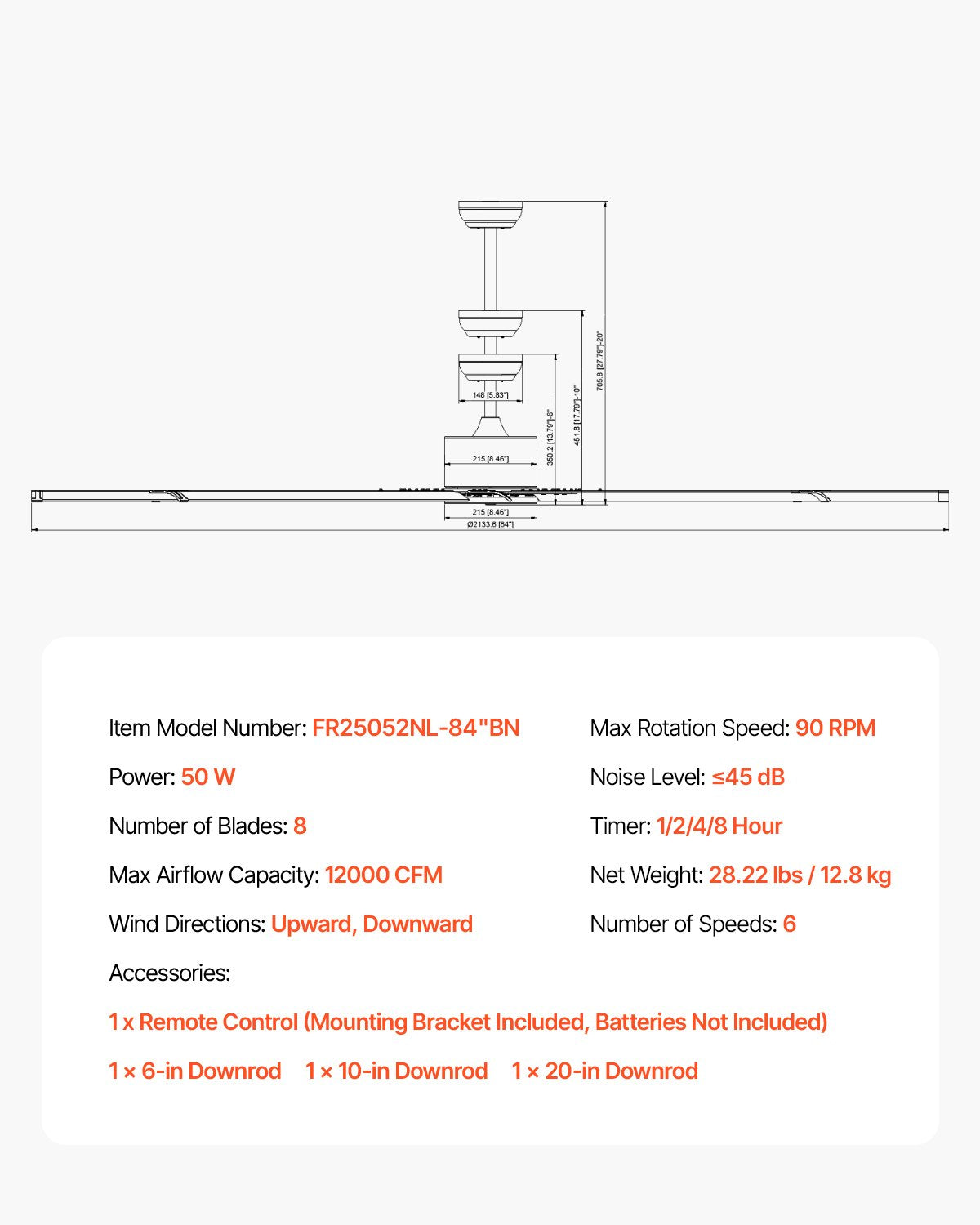 213 cm Ceiling Fan No Light, 6-Speed Remote Control, Aluminum 8-Blade, Reversible DC Motor, Modern Low V952-WDDS84INCHLYDMCLRV7