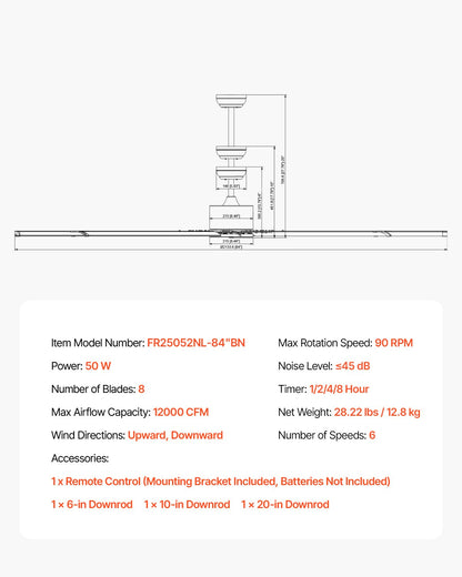 213 cm Ceiling Fan No Light, 6-Speed Remote Control, Aluminum 8-Blade, Reversible DC Motor, Modern Low V952-WDDS84INCHLYDMCLRV7