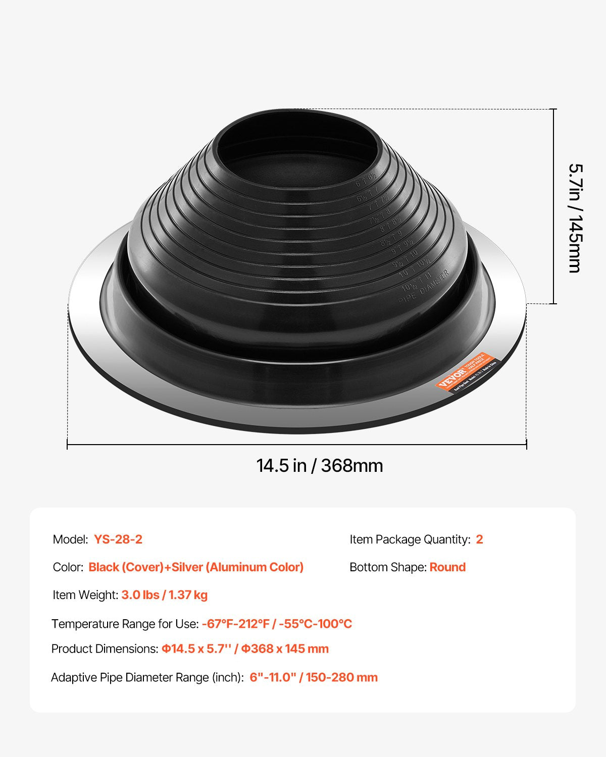 2 Pcs Metal Roof Pipe Flashing Boots Fit 150-280 mm Pipe High Temp EDPM V952-WDGDTGHSEDPMXQLFSV0