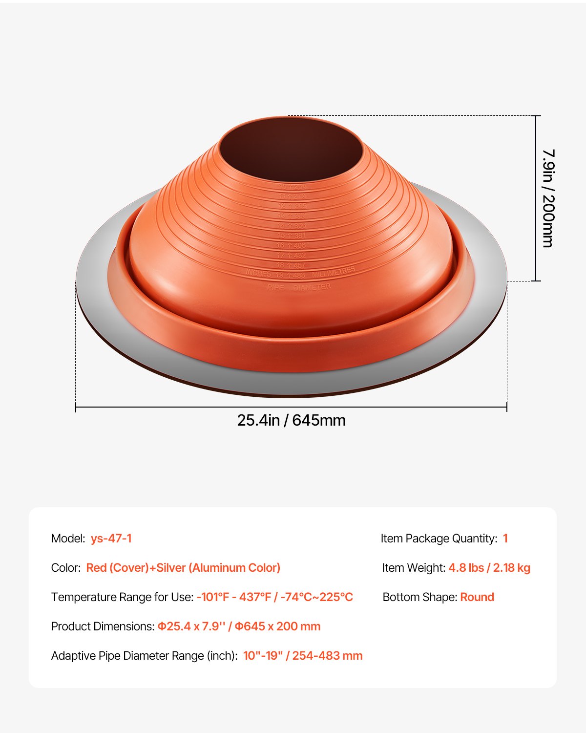 Metal Roof Pipe Flashing Boot Fits 254-483 mm Pipe High Temp Red Silicone V952-WDGDTGQHSGJL4E100V0