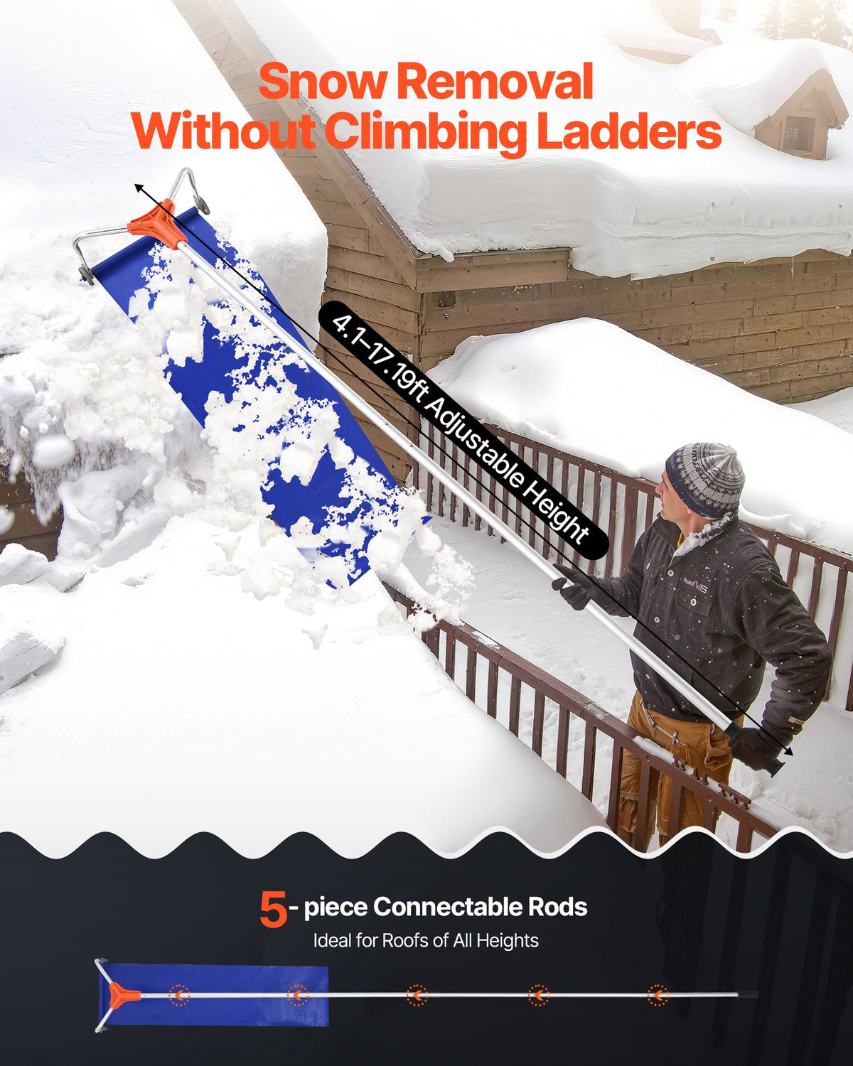 Snow Roof Rake, 27cm Aluminum Blade, 1.25-5.24 m Adjustable Roof Snow Scraper with Wheels & Slide, V952-WDPZ16FTGDS4UBU30001V0