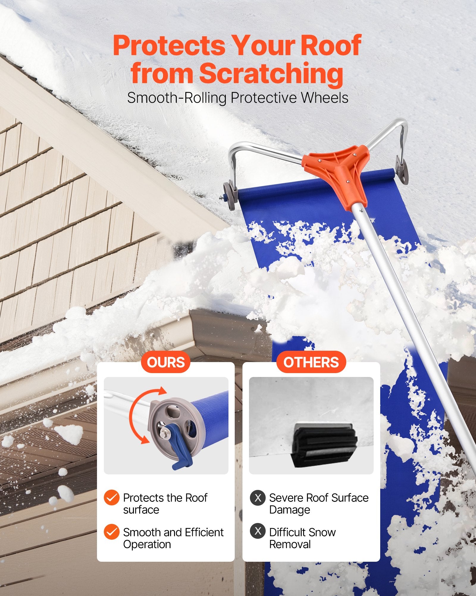 Snow Roof Rake, 27cm Aluminum Blade, 1.25-5.24 m Adjustable Roof Snow Scraper with Wheels & Slide, V952-WDPZ16FTGDS4UBU30001V0