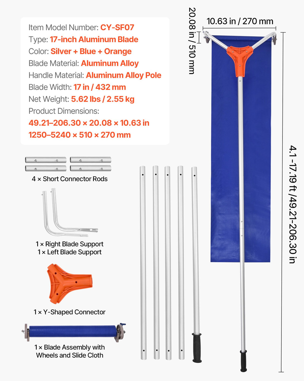 Snow Roof Rake, 27cm Aluminum Blade, 1.25-5.24 m Adjustable Roof Snow Scraper with Wheels & Slide, V952-WDPZ16FTGDS4UBU30001V0