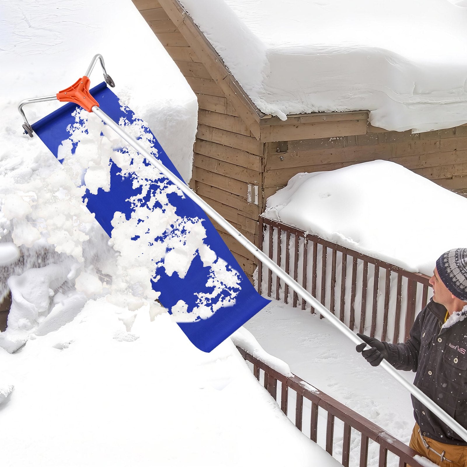 Snow Roof Rake, 27cm Aluminum Blade, 1.25-5.24 m Adjustable Roof Snow Scraper with Wheels & Slide, V952-WDPZ16FTGDS4UBU30001V0