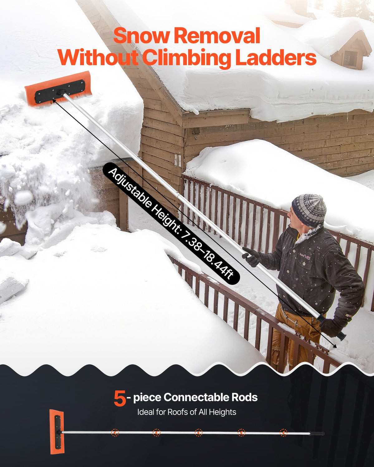 Snow Roof Rake, 45cm Foam Blade, 2.25-5.62 m Adjustable Roof Snow Scraper, Extension Tubes & Non-Slip Handle, V952-WDPZ18FTGBSPEOFQG001V0