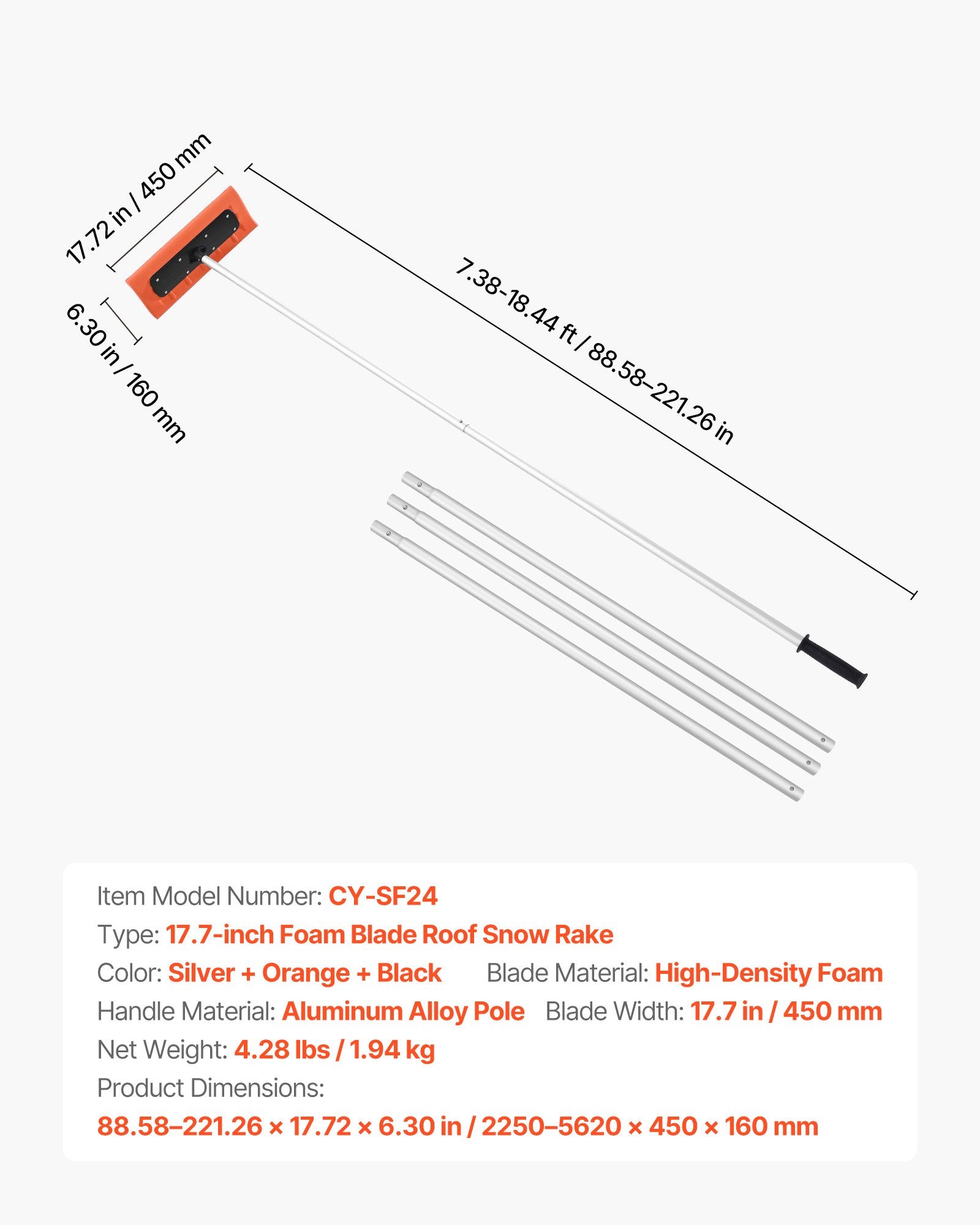 Snow Roof Rake, 45cm Foam Blade, 2.25-5.62 m Adjustable Roof Snow Scraper, Extension Tubes & Non-Slip Handle, V952-WDPZ18FTGBSPEOFQG001V0