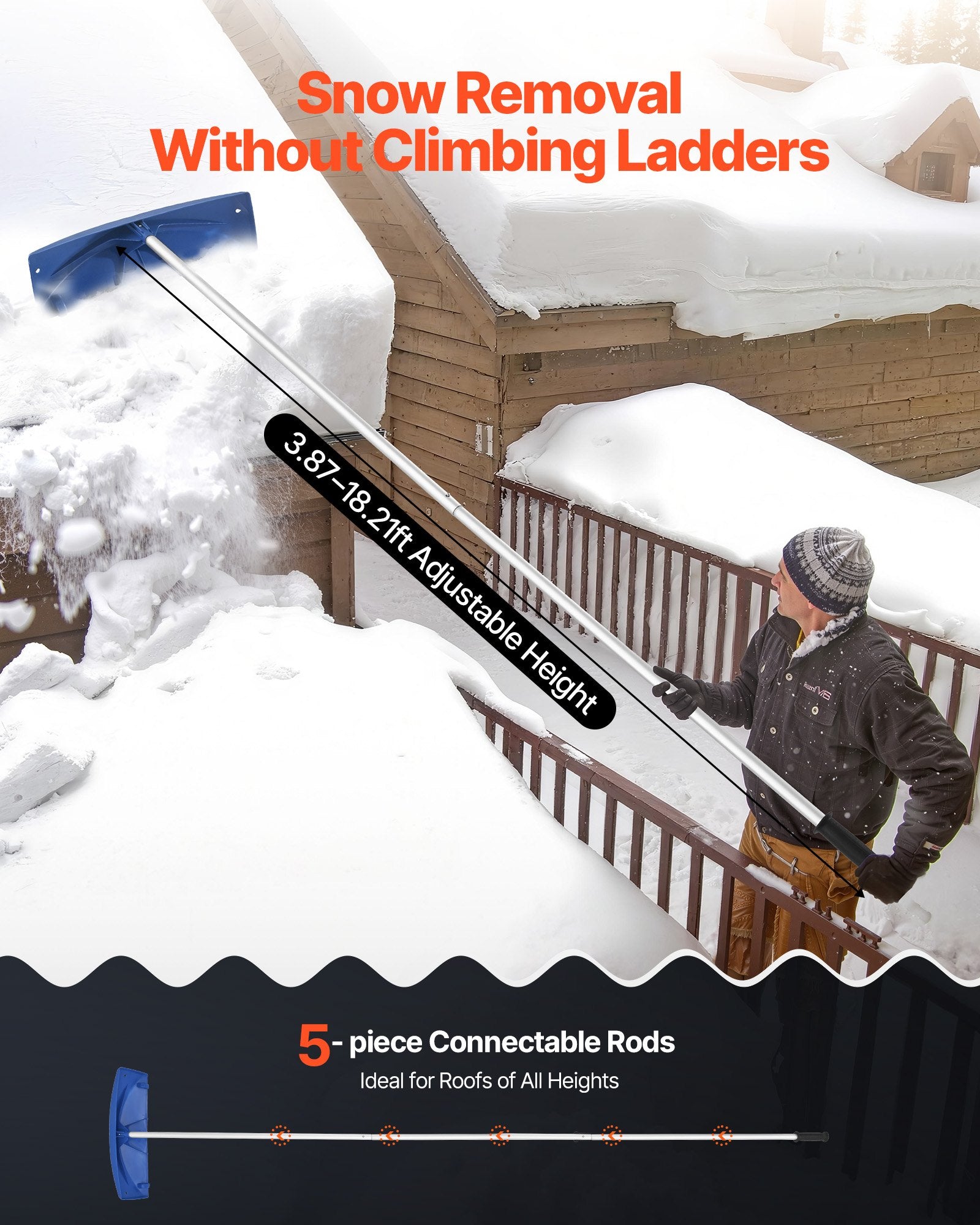 Snow Roof Rake, 60cm PP Plastic Blade, 1.18-5.55 m Adjustable Roof Snow Scraper with Wheels, Anti-Slip Handle V952-WDPZ20FTGBSSJ5WOZ001V0