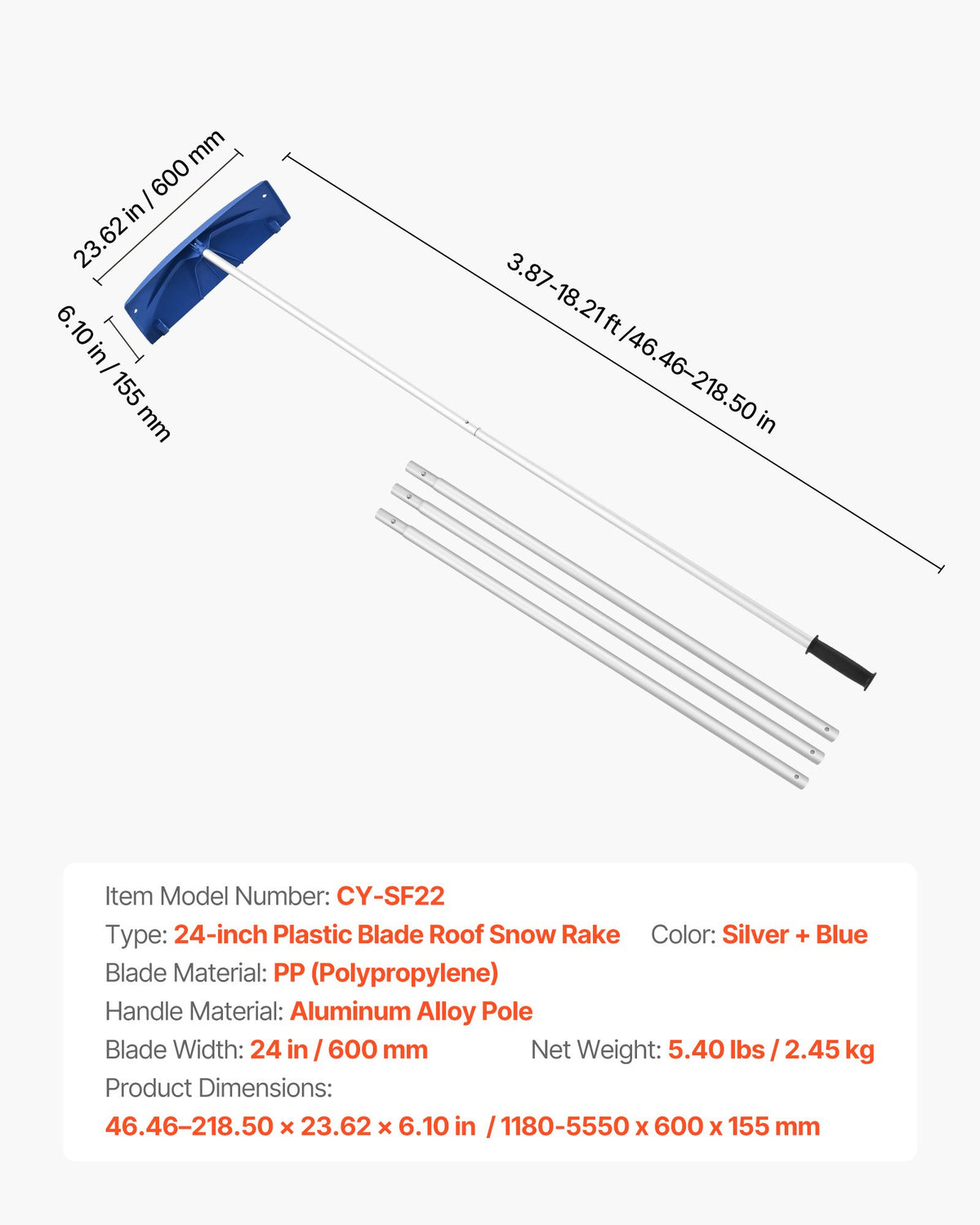 Snow Roof Rake, 60cm PP Plastic Blade, 1.18-5.55 m Adjustable Roof Snow Scraper with Wheels, Anti-Slip Handle V952-WDPZ20FTGBSSJ5WOZ001V0