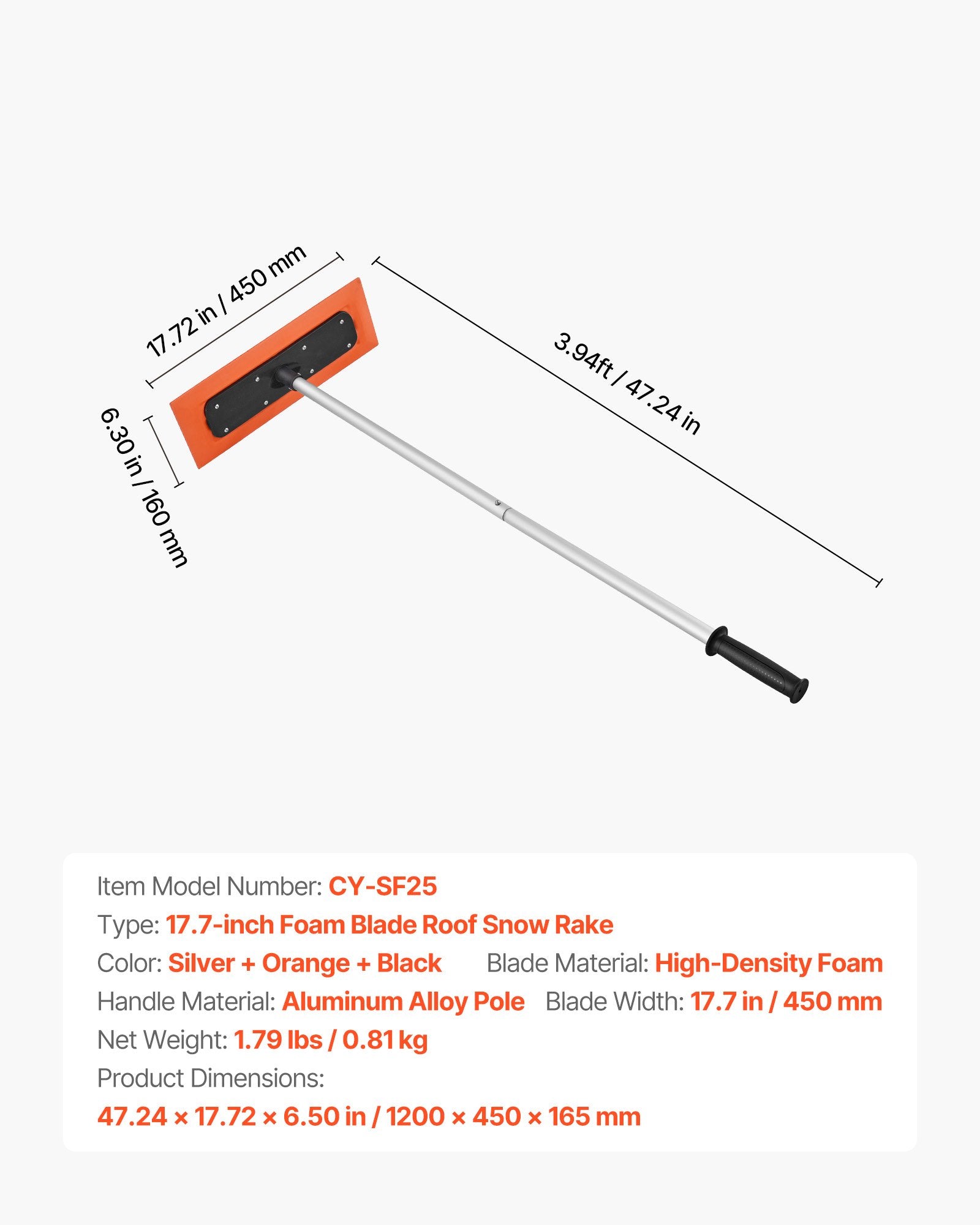 VEVOR Snow Roof Rake, 1.2m Long Reach Car Roof Snow Scraper, 45cm Foam Blade for No Scratches, Non-Slip V952-WDPZ4FTGCSSLX85L4001V0