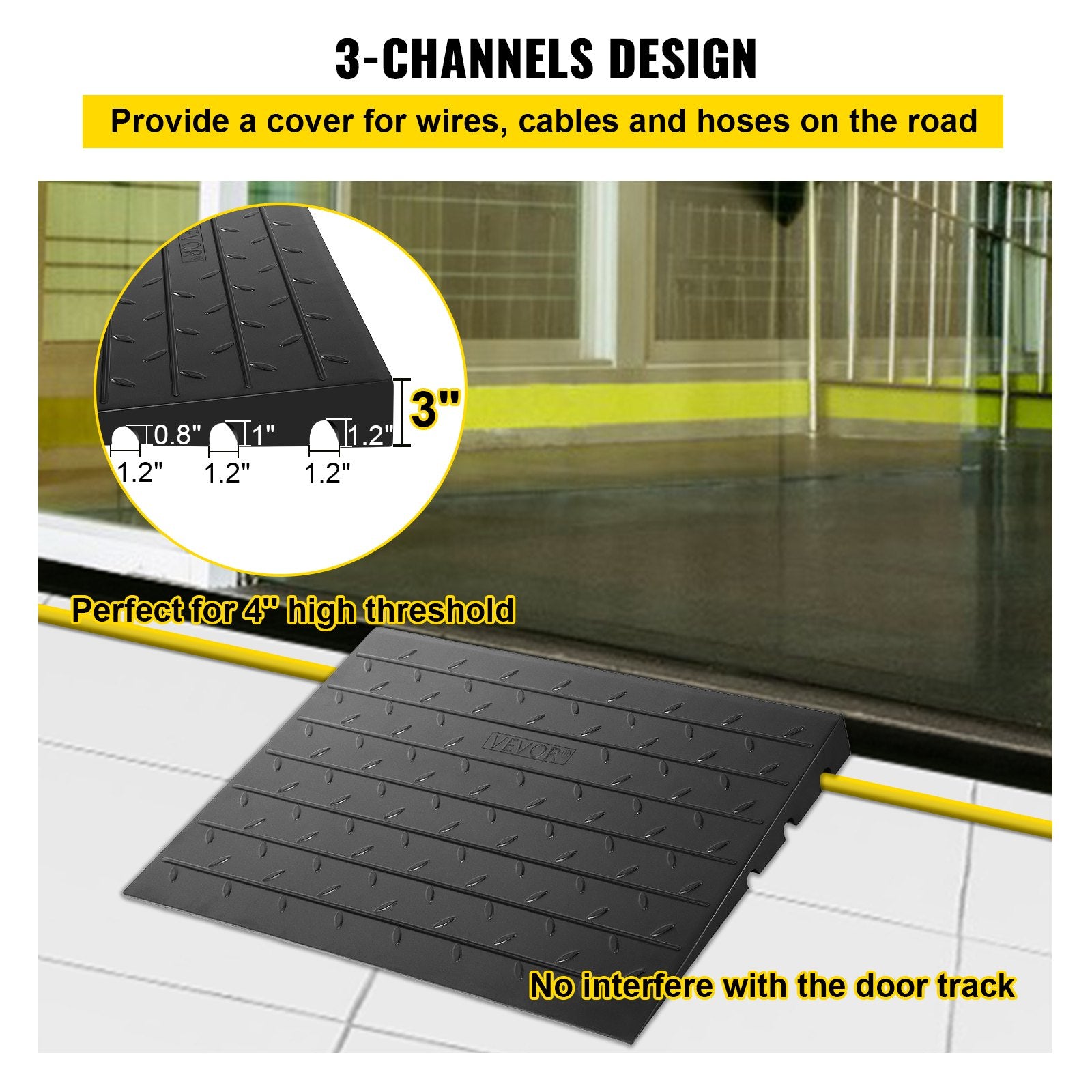 Rubber Threshold Ramp, 7.62 cm Rise Threshold Ramp Doorway, 3 Channels Cord Cover Rubber Solid Threshold V952-WFSLYP24X42X3I8PSV0