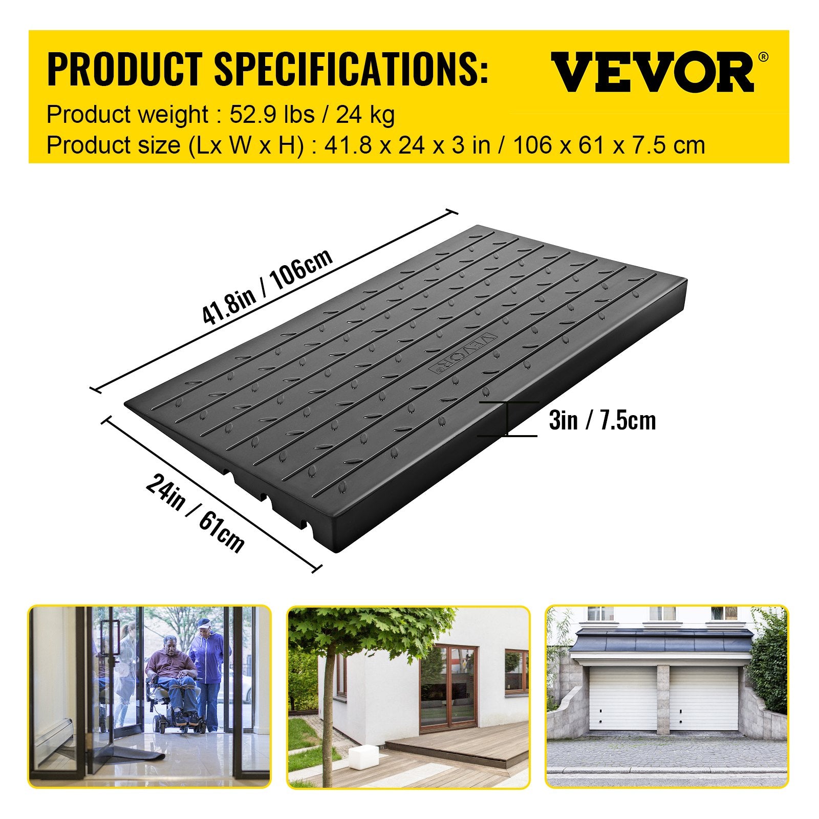 Rubber Threshold Ramp, 7.62 cm Rise Threshold Ramp Doorway, 3 Channels Cord Cover Rubber Solid Threshold V952-WFSLYP24X42X3I8PSV0